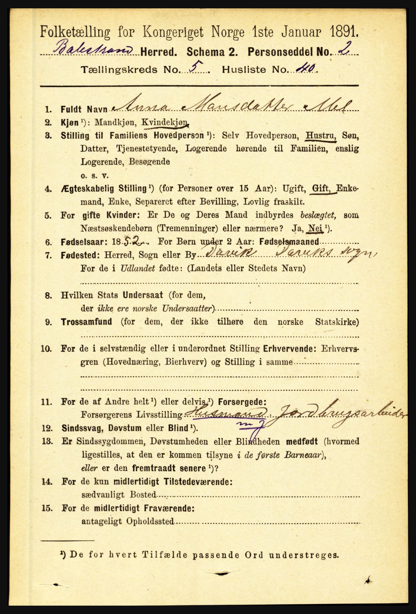 RA, 1891 census for 1418 Balestrand, 1891, p. 1327