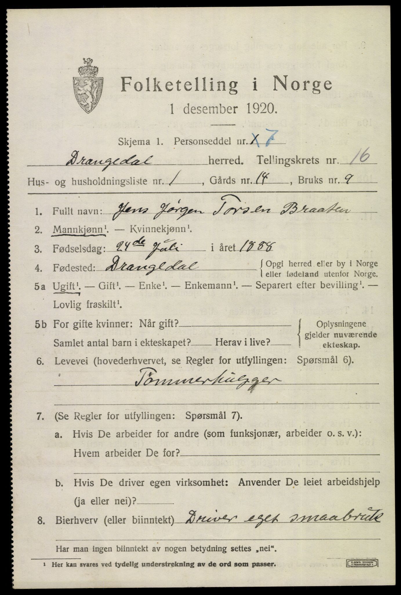 SAKO, 1920 census for Drangedal, 1920, p. 7809