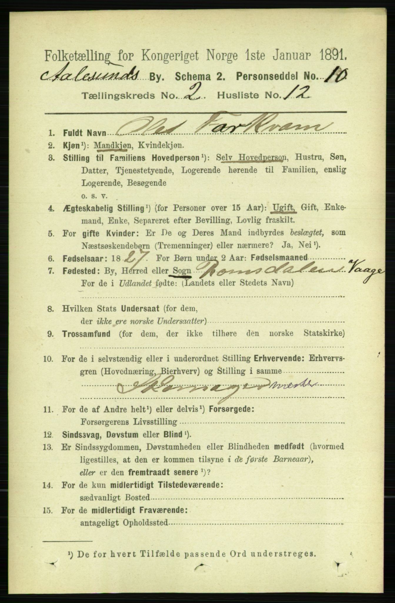 RA, 1891 census for 1501 Ålesund, 1891, p. 1869