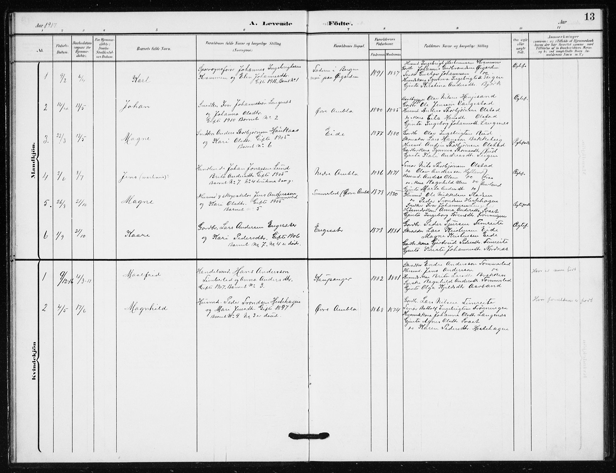 Sogndal sokneprestembete, SAB/A-81301/H/Hab/Habb/L0002: Parish register (copy) no. B 2, 1908-1933, p. 13