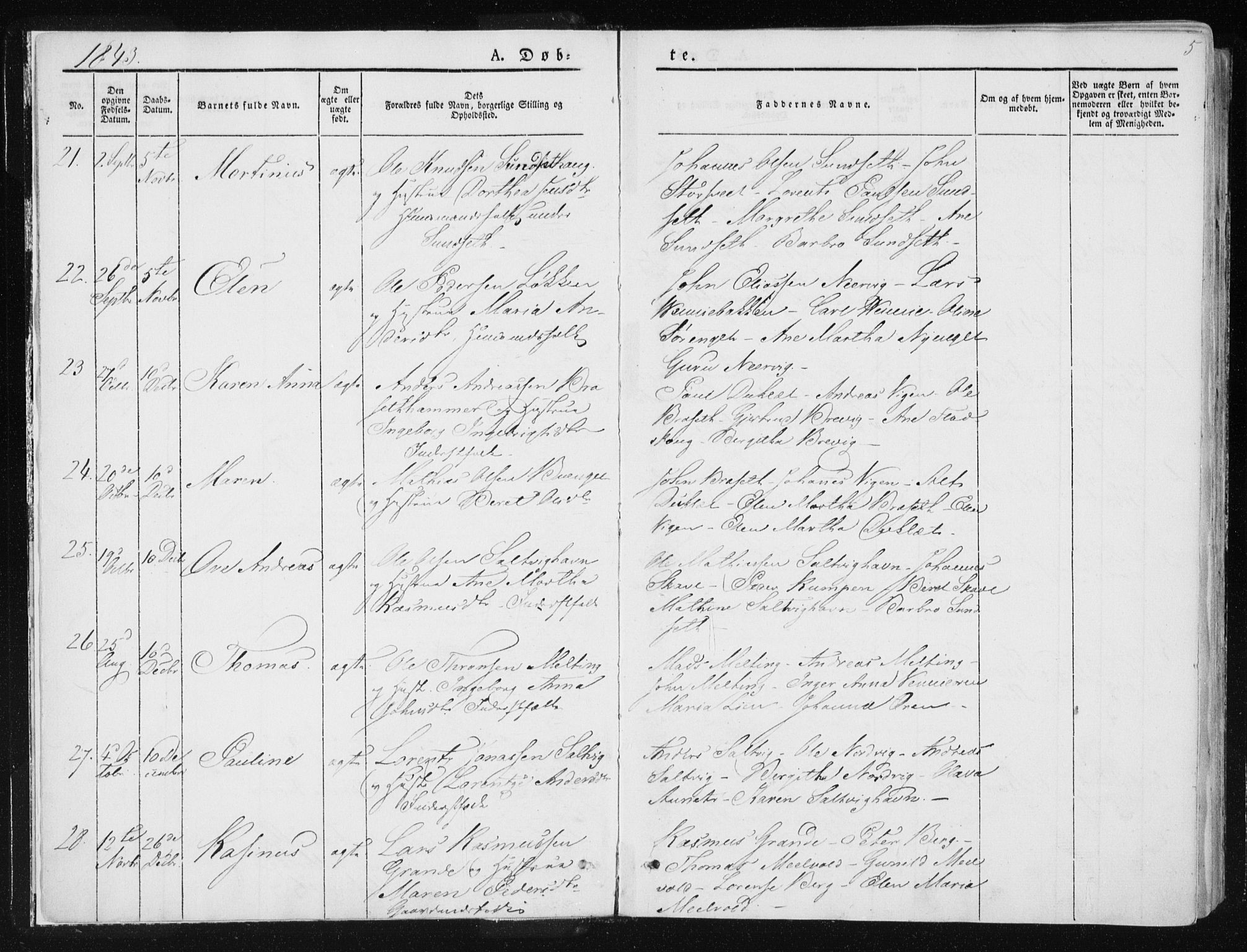 Ministerialprotokoller, klokkerbøker og fødselsregistre - Nord-Trøndelag, SAT/A-1458/733/L0323: Parish register (official) no. 733A02, 1843-1870, p. 5