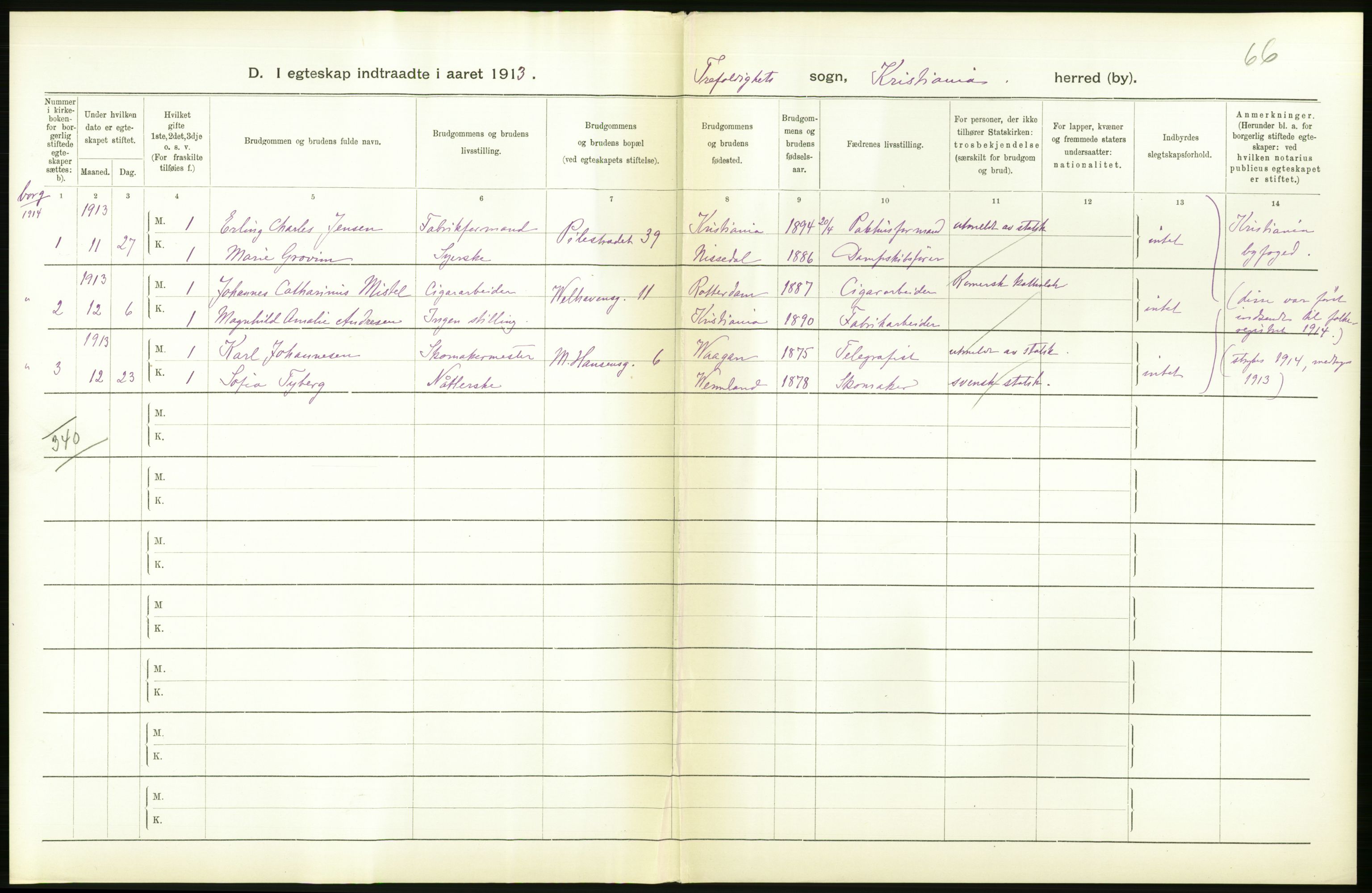 Statistisk sentralbyrå, Sosiodemografiske emner, Befolkning, AV/RA-S-2228/D/Df/Dfb/Dfbc/L0008: Kristiania: Gifte., 1913, p. 628