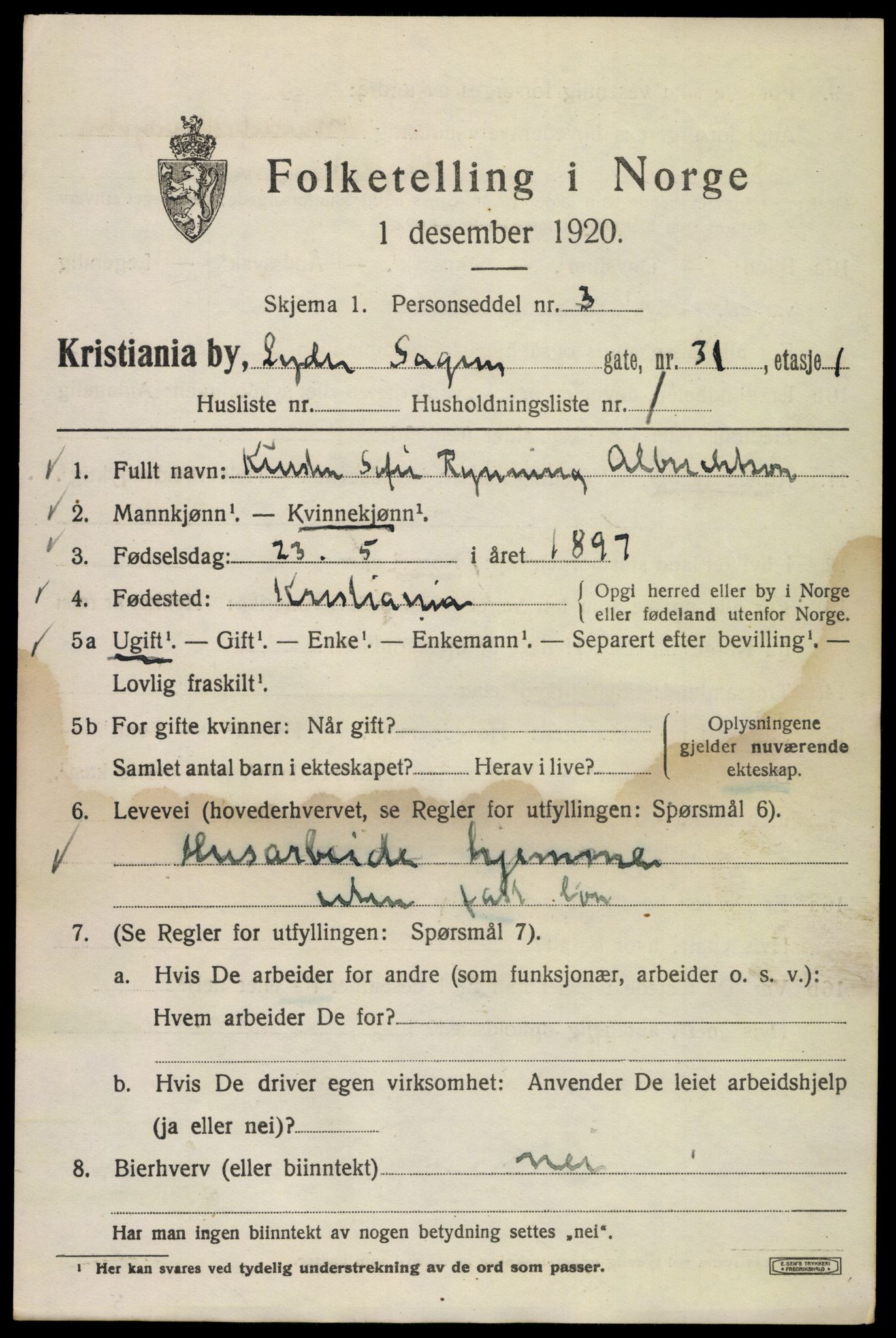 SAO, 1920 census for Kristiania, 1920, p. 366913