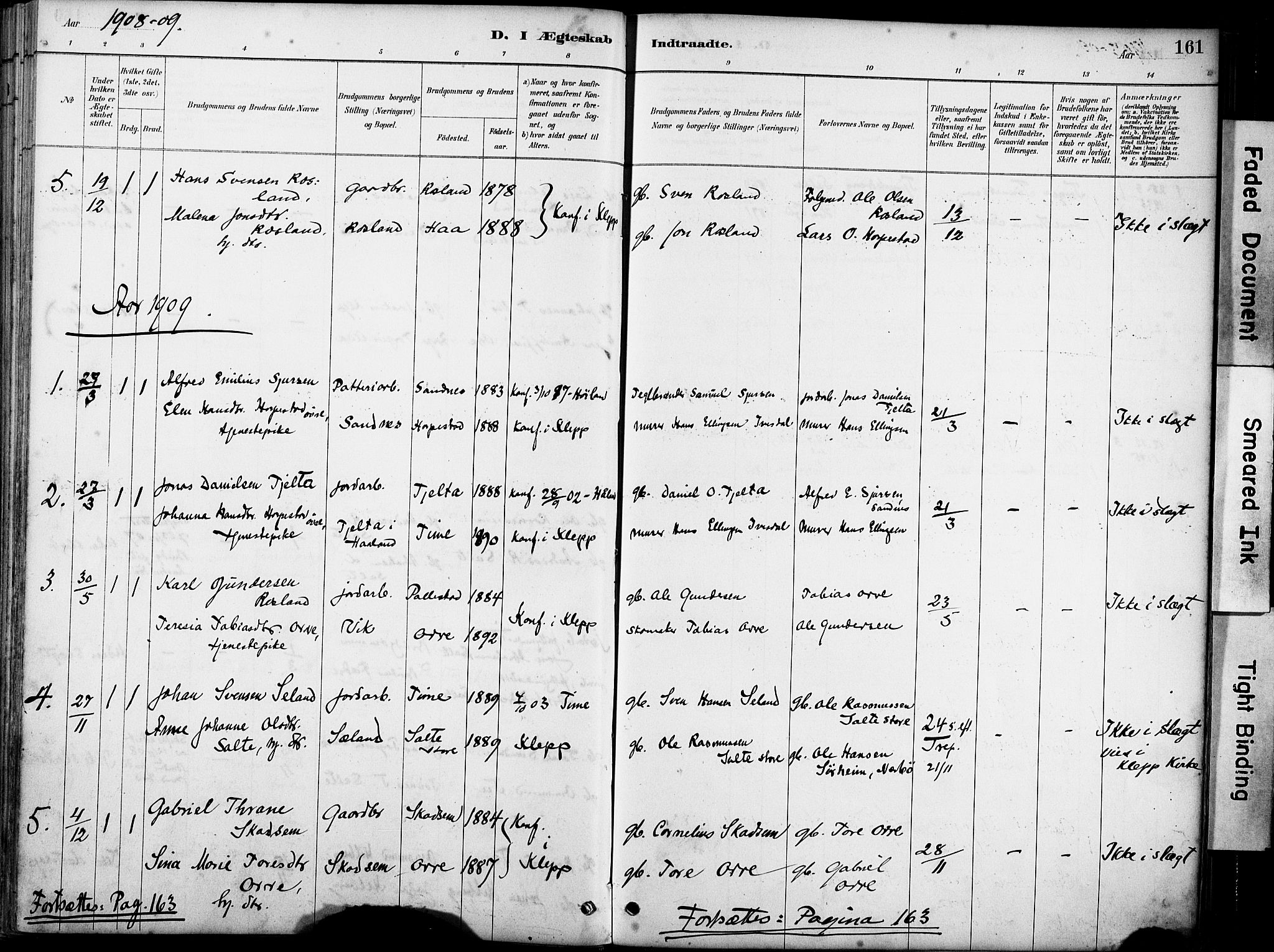Klepp sokneprestkontor, SAST/A-101803/001/3/30BA/L0007: Parish register (official) no. A 8, 1886-1912, p. 161