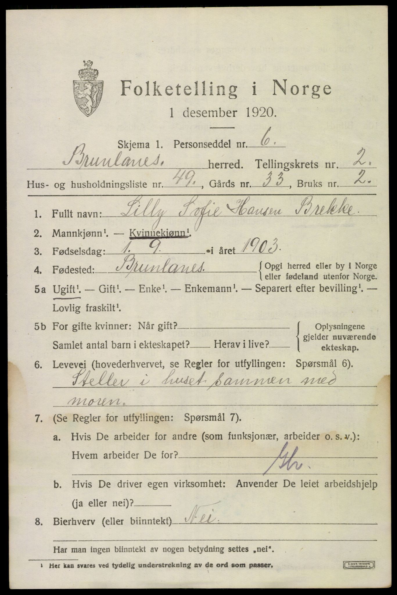 SAKO, 1920 census for Brunlanes, 1920, p. 3831