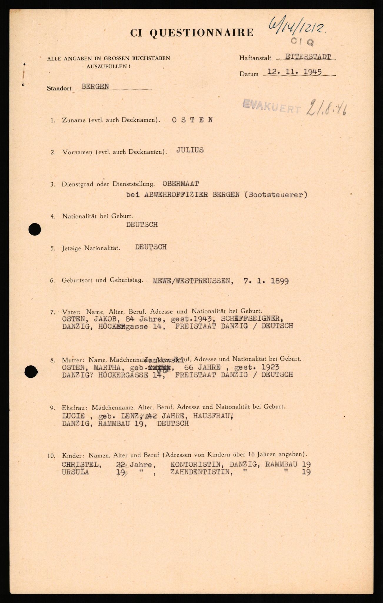 Forsvaret, Forsvarets overkommando II, AV/RA-RAFA-3915/D/Db/L0025: CI Questionaires. Tyske okkupasjonsstyrker i Norge. Tyskere., 1945-1946, p. 25