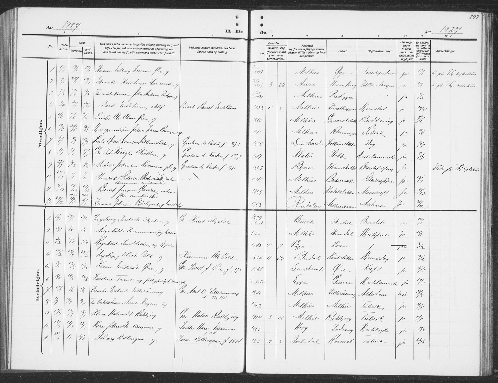 Ministerialprotokoller, klokkerbøker og fødselsregistre - Sør-Trøndelag, AV/SAT-A-1456/691/L1095: Parish register (copy) no. 691C06, 1912-1933, p. 297