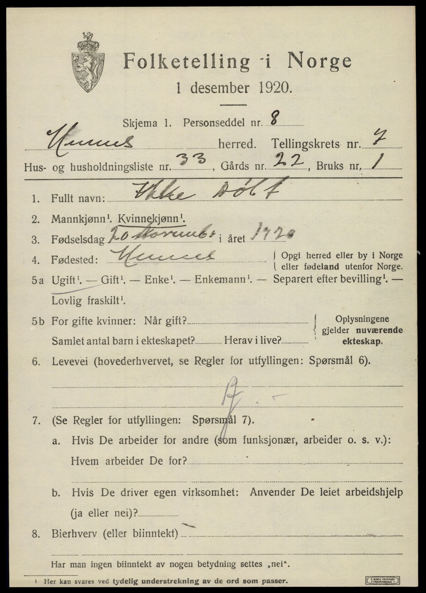 SAT, 1920 census for Hemnes, 1920, p. 7400