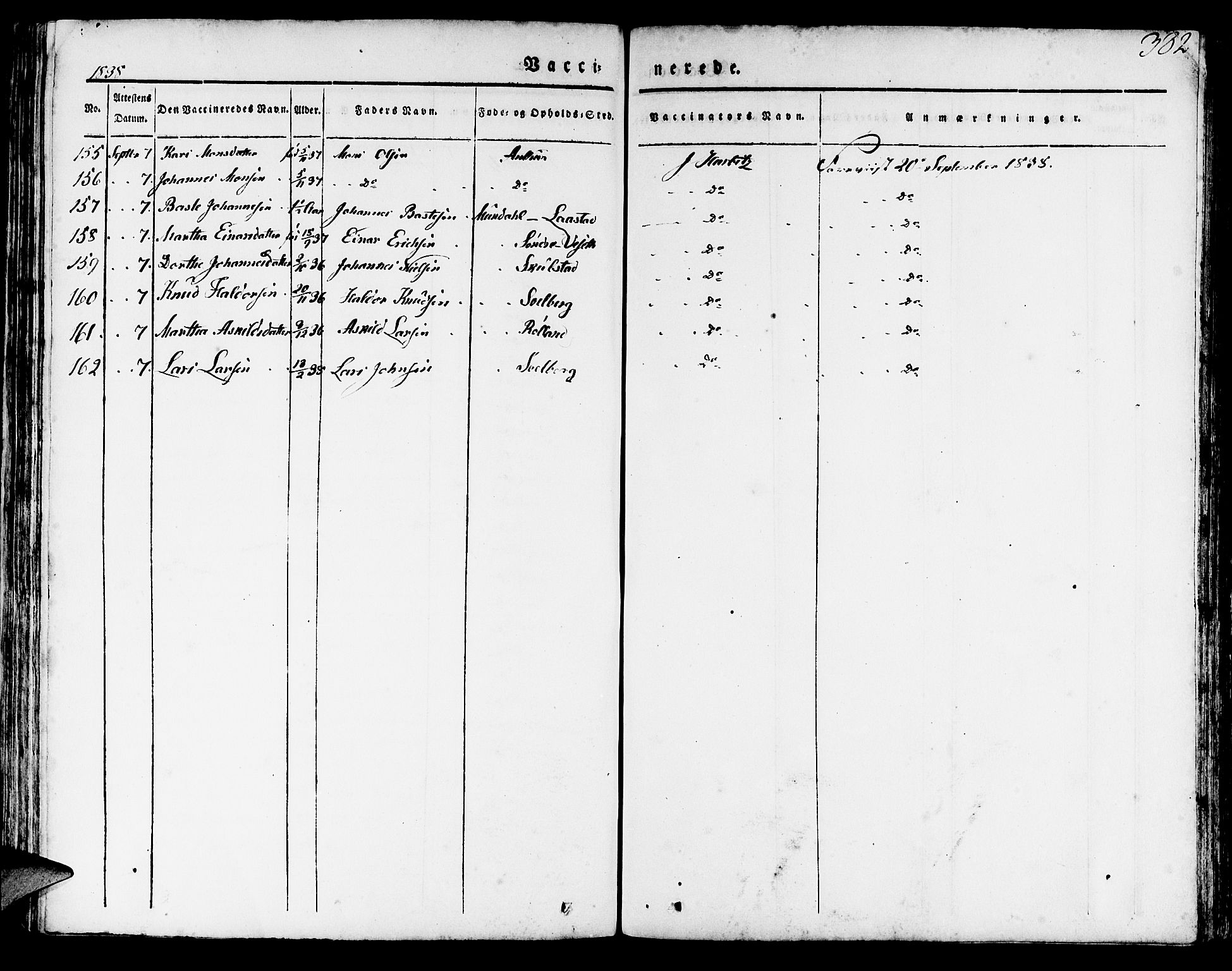 Haus sokneprestembete, AV/SAB-A-75601/H/Haa: Parish register (official) no. A 14, 1827-1838, p. 382