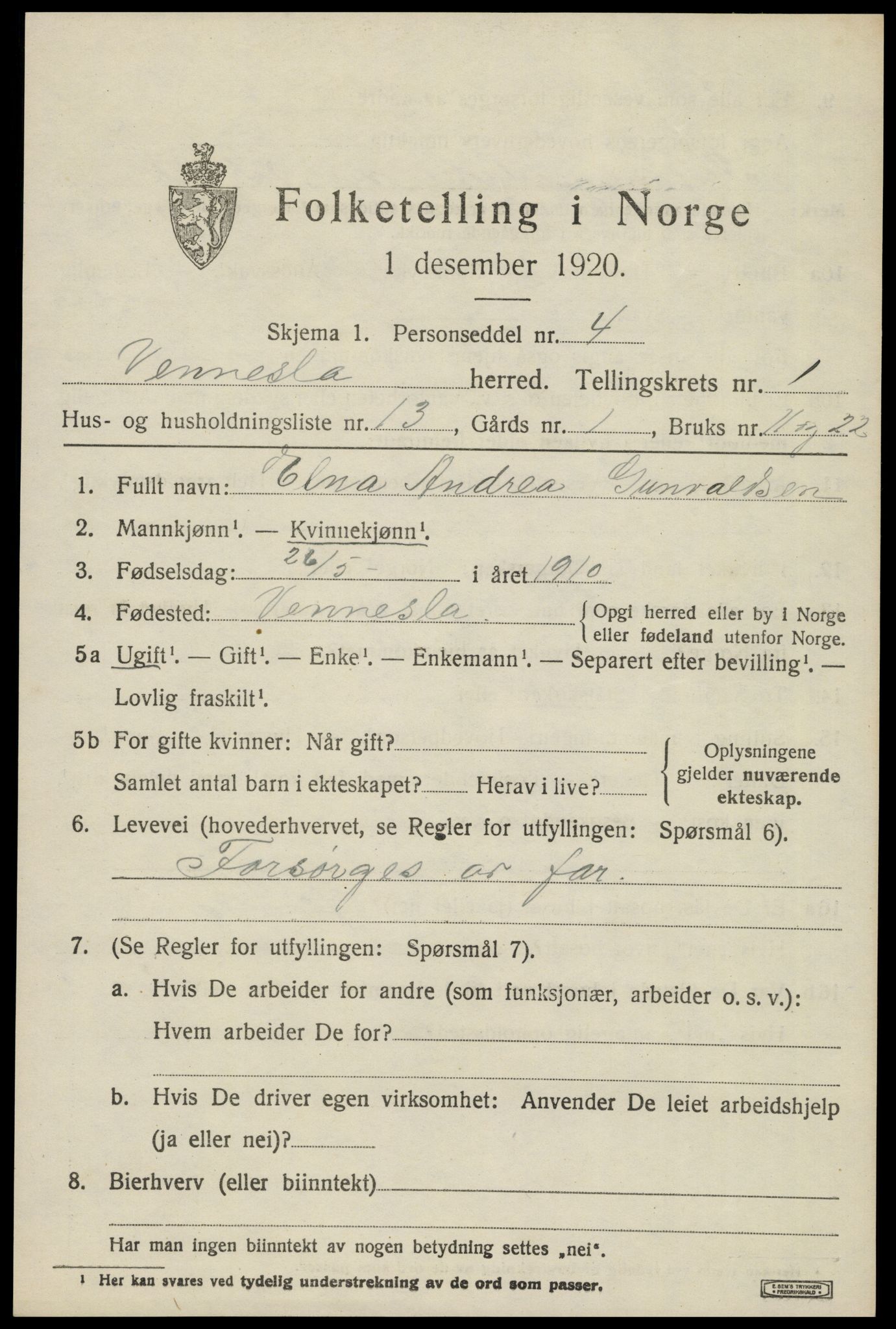 SAK, 1920 census for Vennesla, 1920, p. 1050