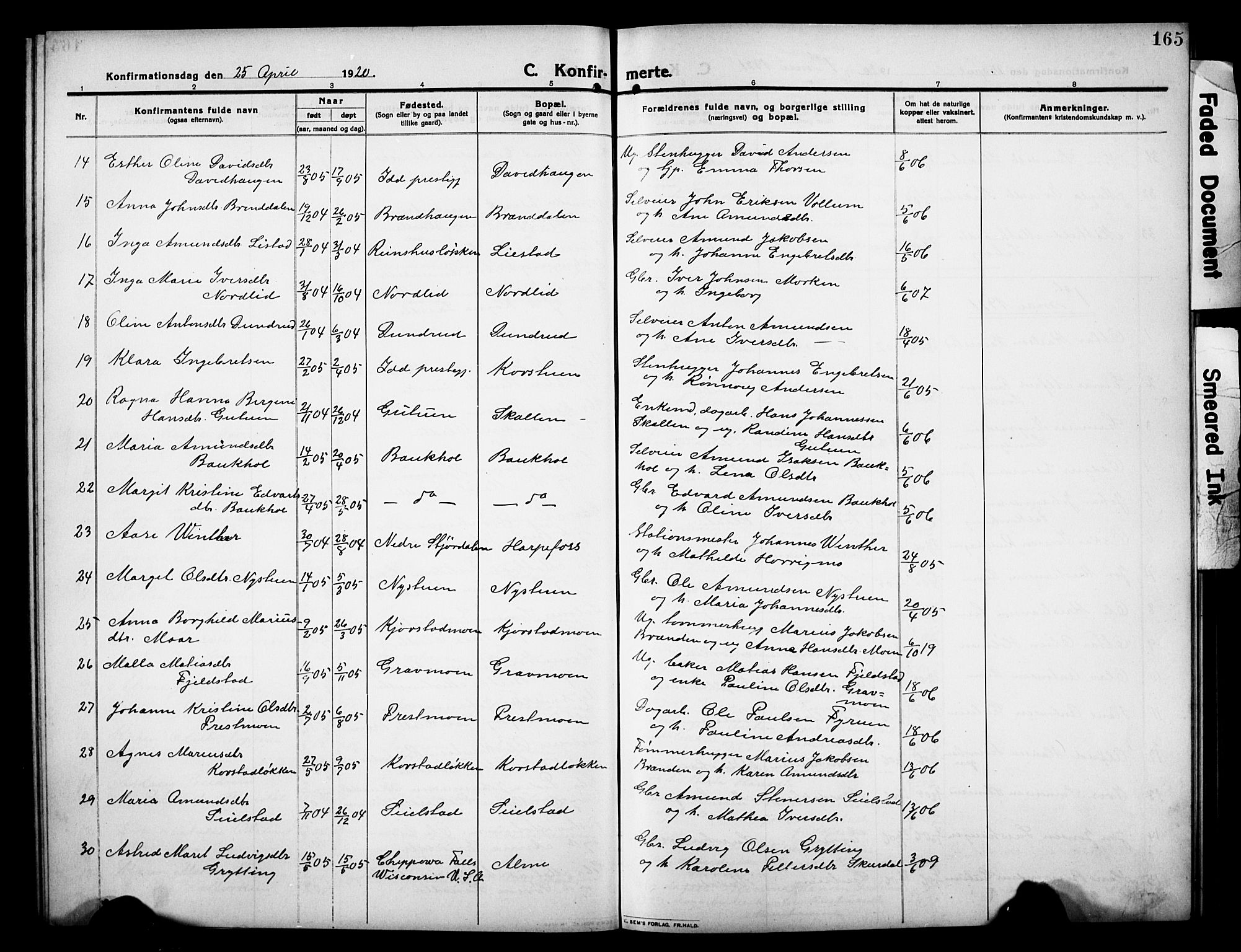 Sør-Fron prestekontor, AV/SAH-PREST-010/H/Ha/Hab/L0005: Parish register (copy) no. 5, 1912-1930, p. 165