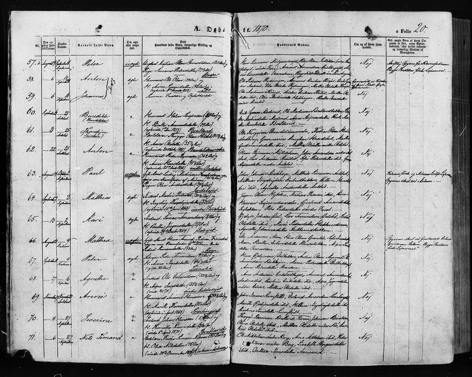 Gausdal prestekontor, SAH/PREST-090/H/Ha/Haa/L0010: Parish register (official) no. 10, 1867-1886, p. 20