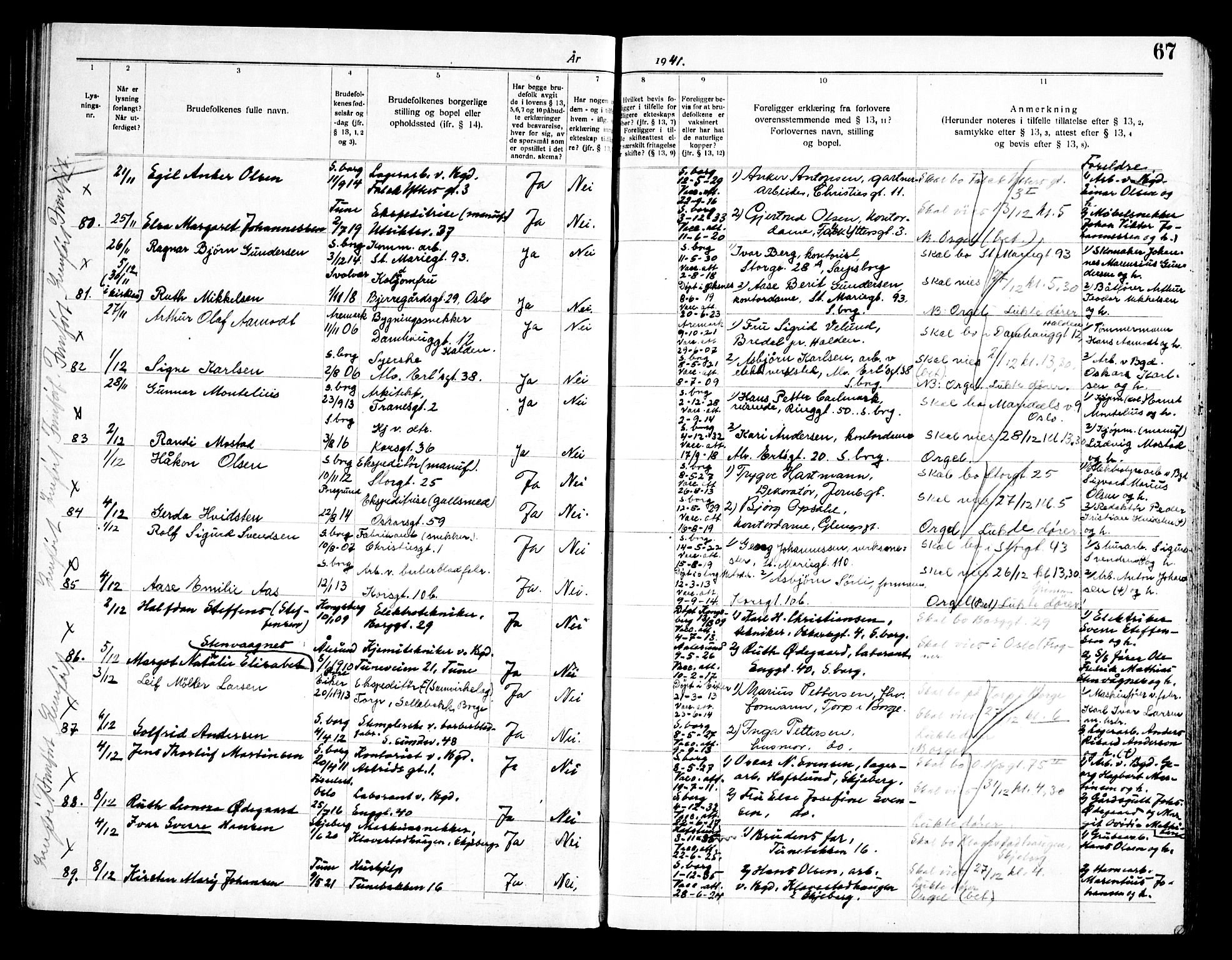 Sarpsborg prestekontor Kirkebøker, SAO/A-2006/H/Ha/L0004: Banns register no. 4, 1935-1947, p. 67