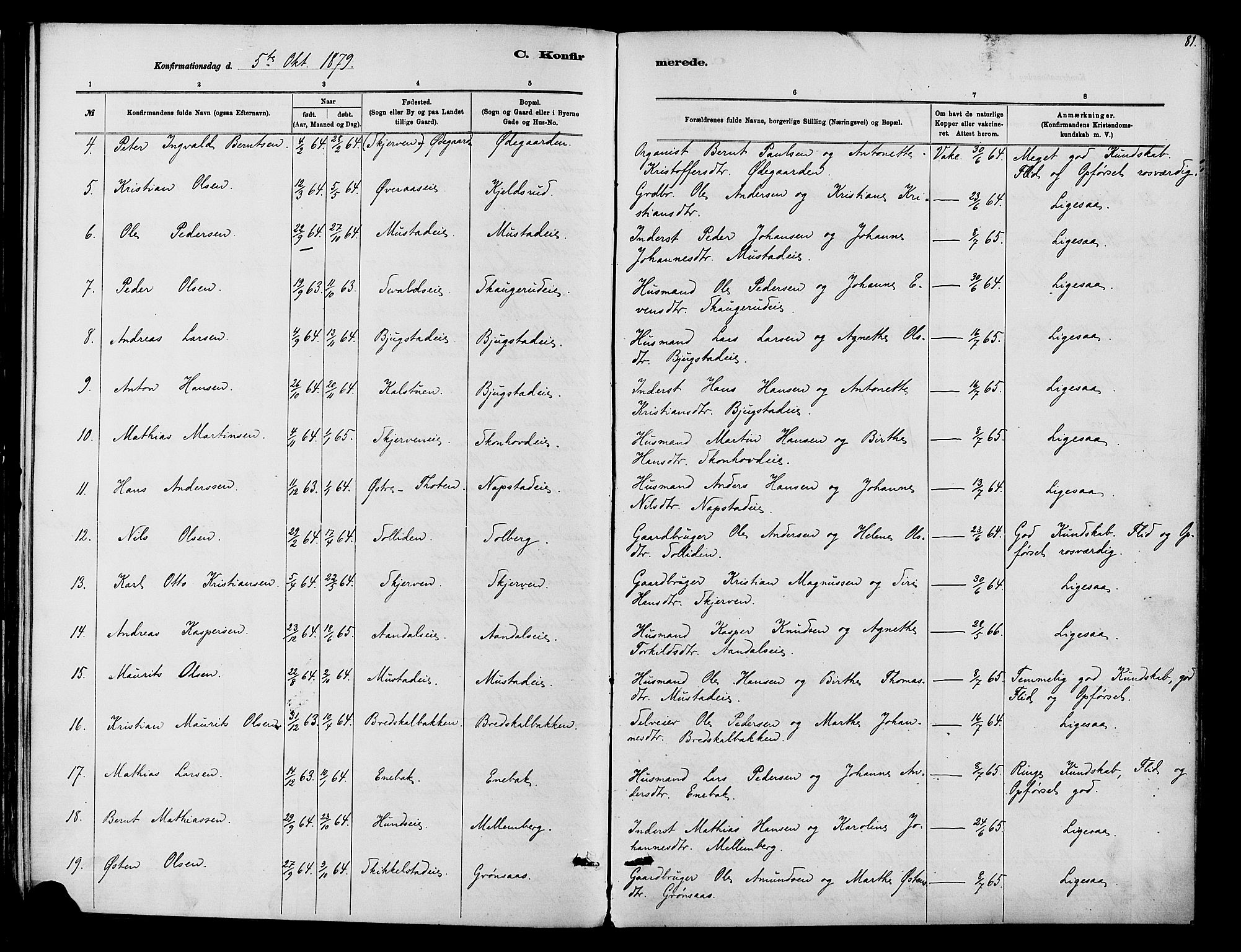 Vardal prestekontor, SAH/PREST-100/H/Ha/Haa/L0010: Parish register (official) no. 10, 1878-1893, p. 81
