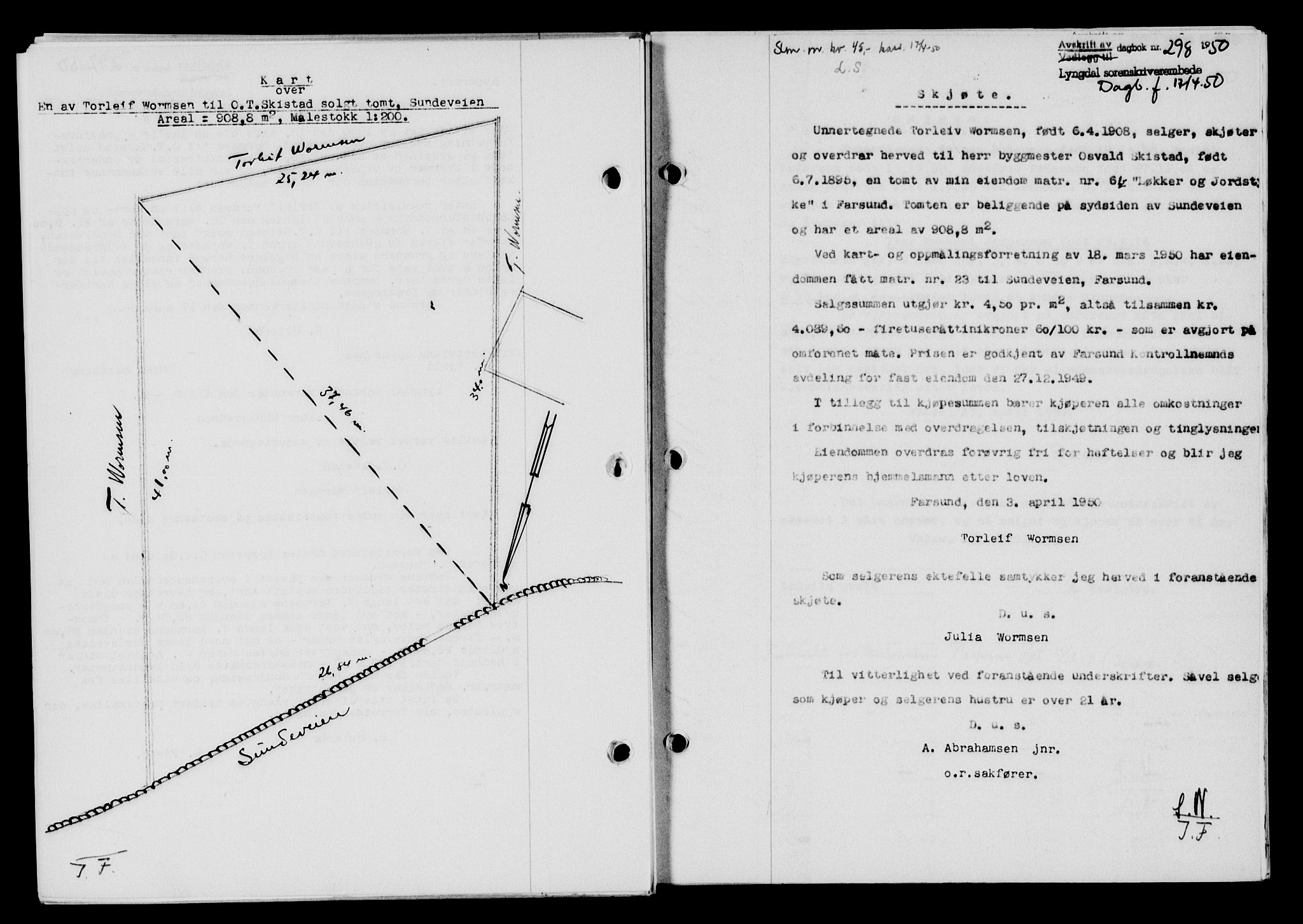 Lyngdal sorenskriveri, AV/SAK-1221-0004/G/Gb/L0665: Mortgage book no. A XI, 1950-1950, Diary no: : 298/1950