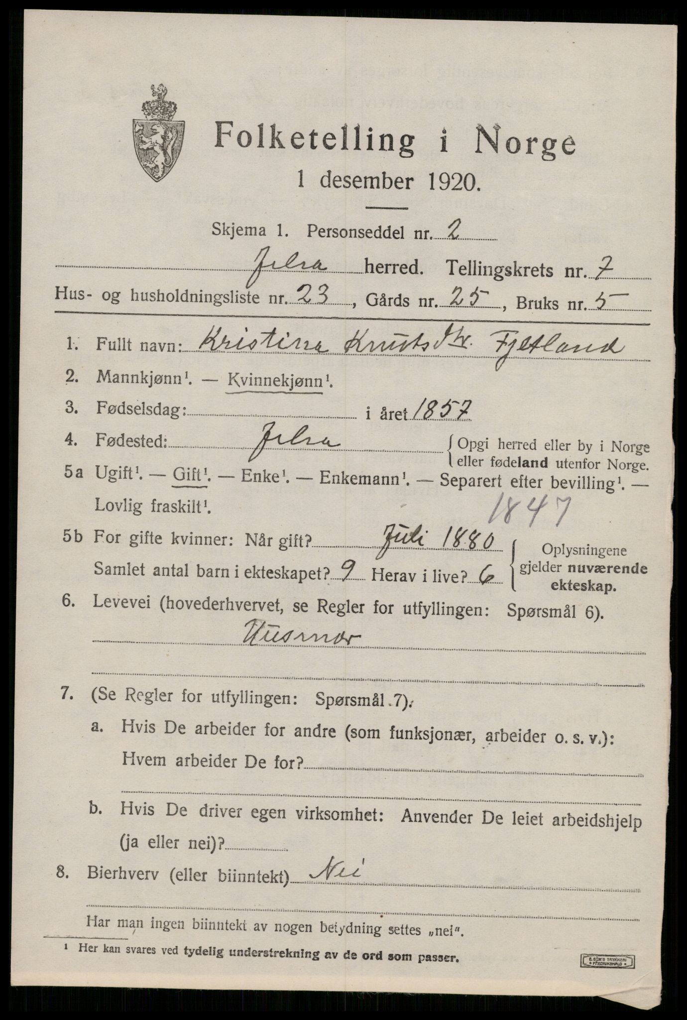 SAST, 1920 census for Jelsa, 1920, p. 2138