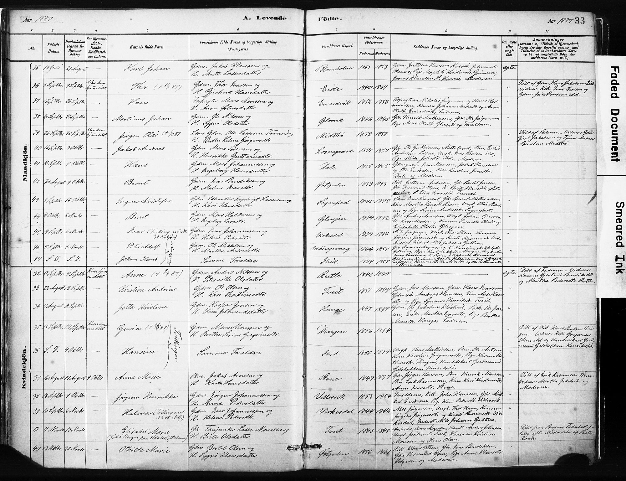 Gulen sokneprestembete, AV/SAB-A-80201/H/Haa/Haab/L0001: Parish register (official) no. B 1, 1881-1905, p. 33