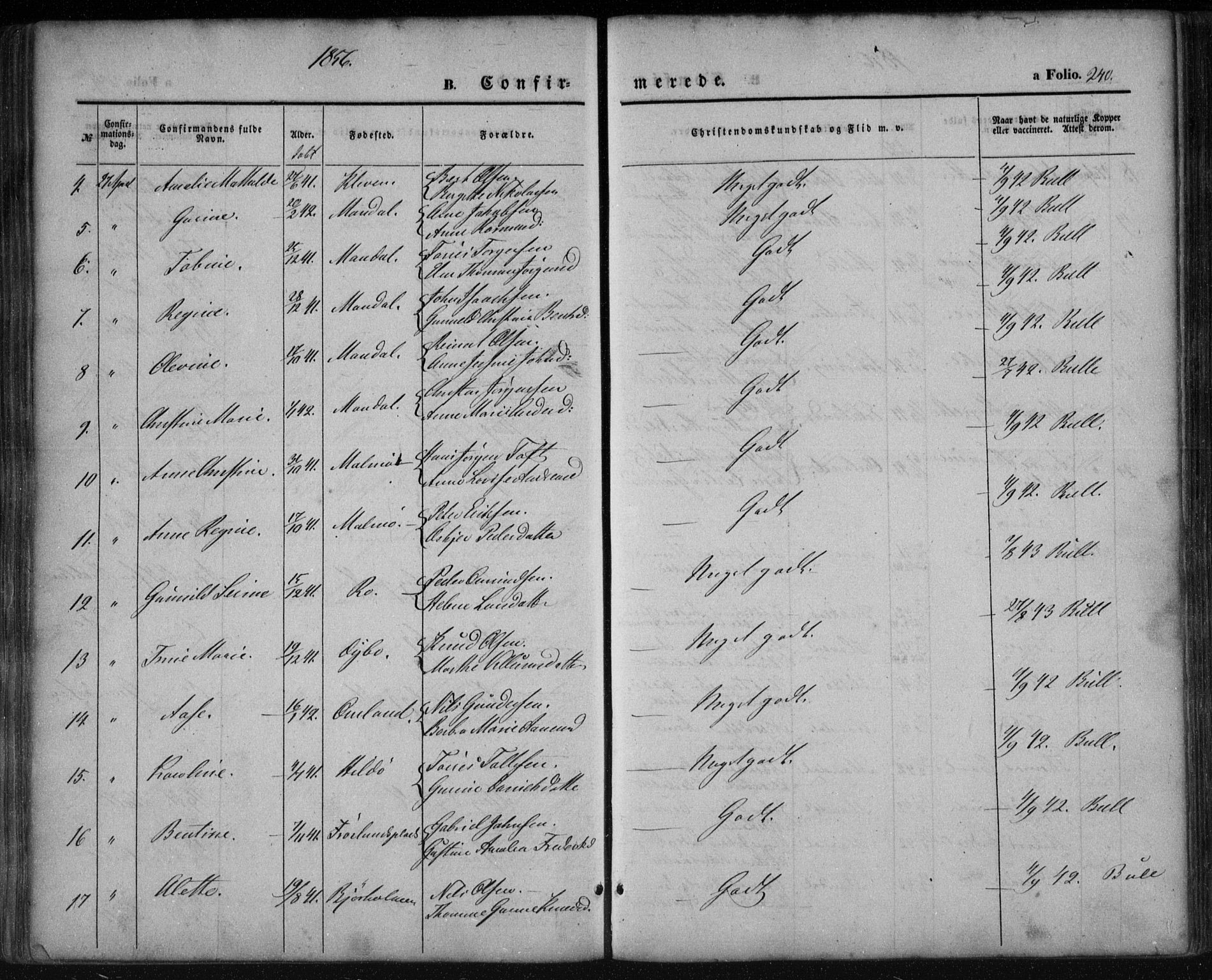 Mandal sokneprestkontor, AV/SAK-1111-0030/F/Fa/Faa/L0013: Parish register (official) no. A 13, 1847-1859, p. 240