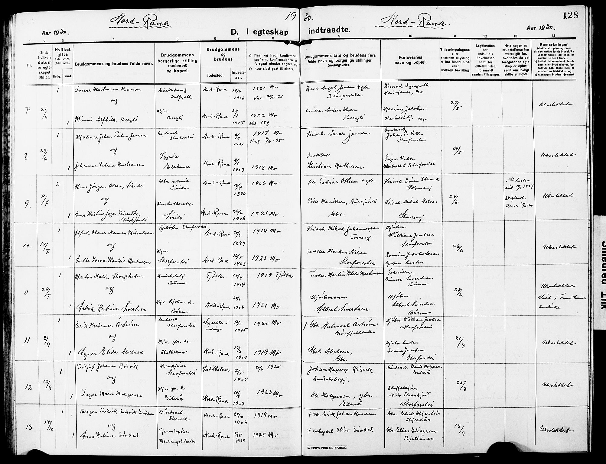 Ministerialprotokoller, klokkerbøker og fødselsregistre - Nordland, AV/SAT-A-1459/827/L0424: Parish register (copy) no. 827C13, 1921-1930, p. 128