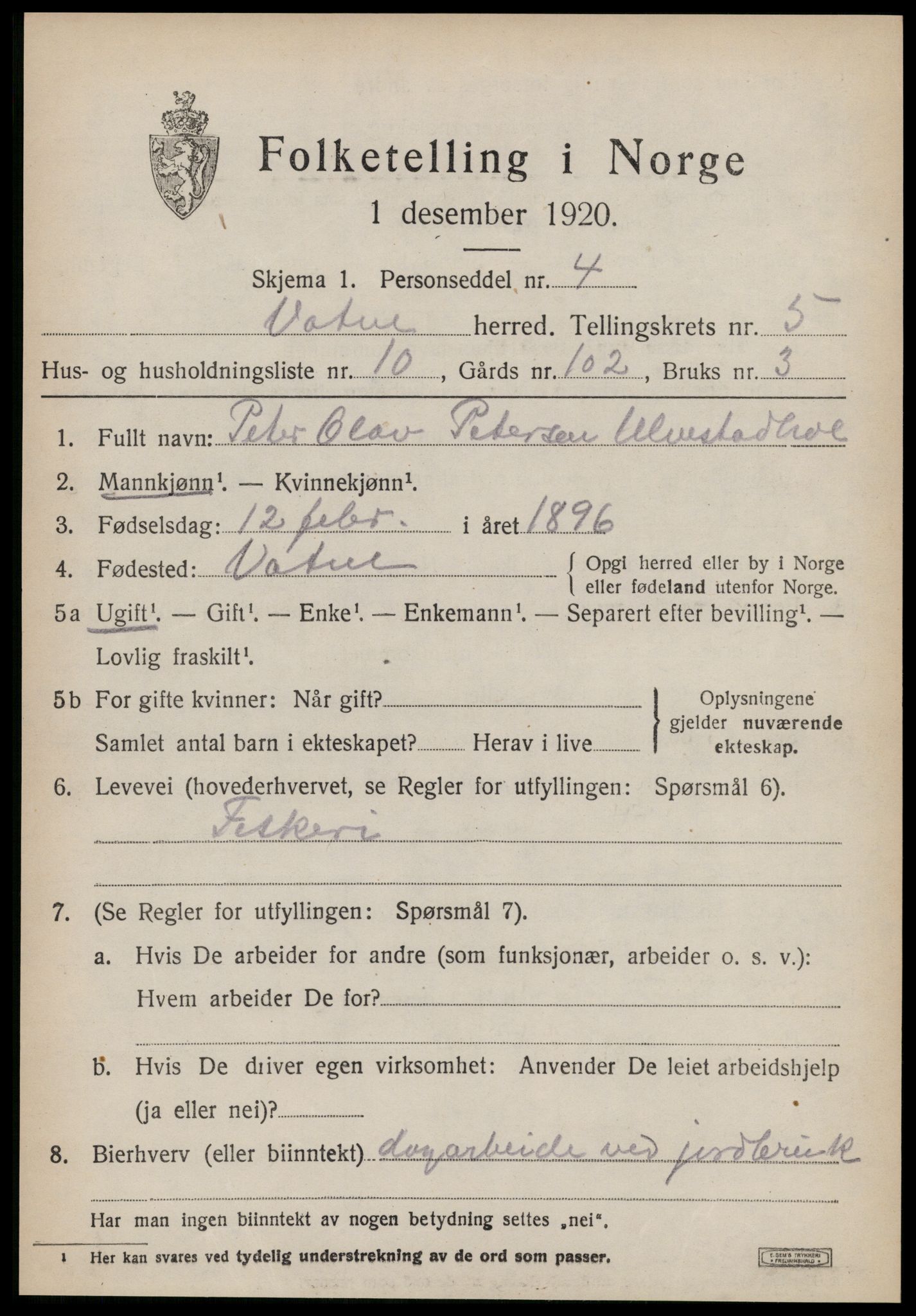 SAT, 1920 census for Vatne, 1920, p. 2280