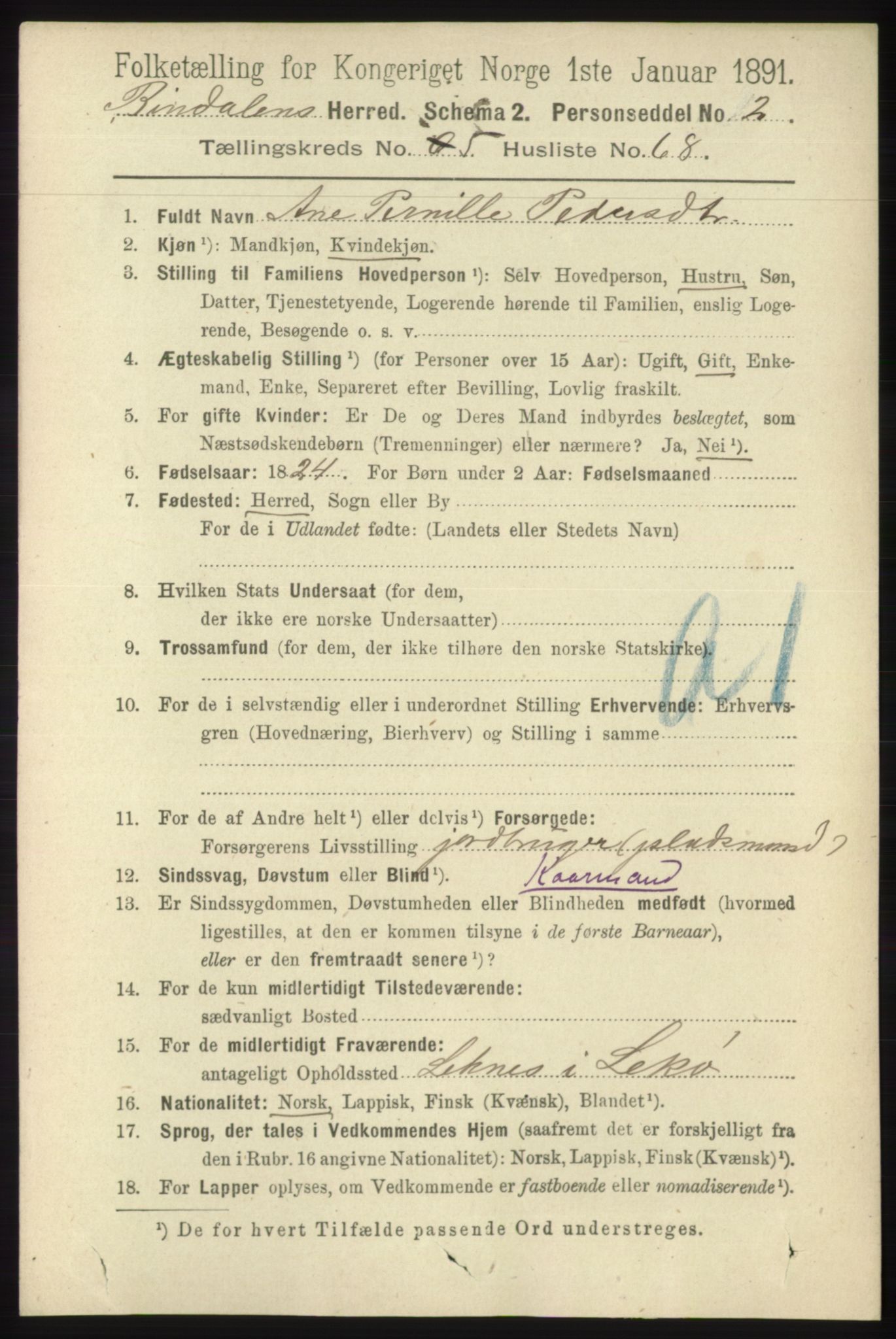 RA, 1891 census for 1811 Bindal, 1891, p. 1637