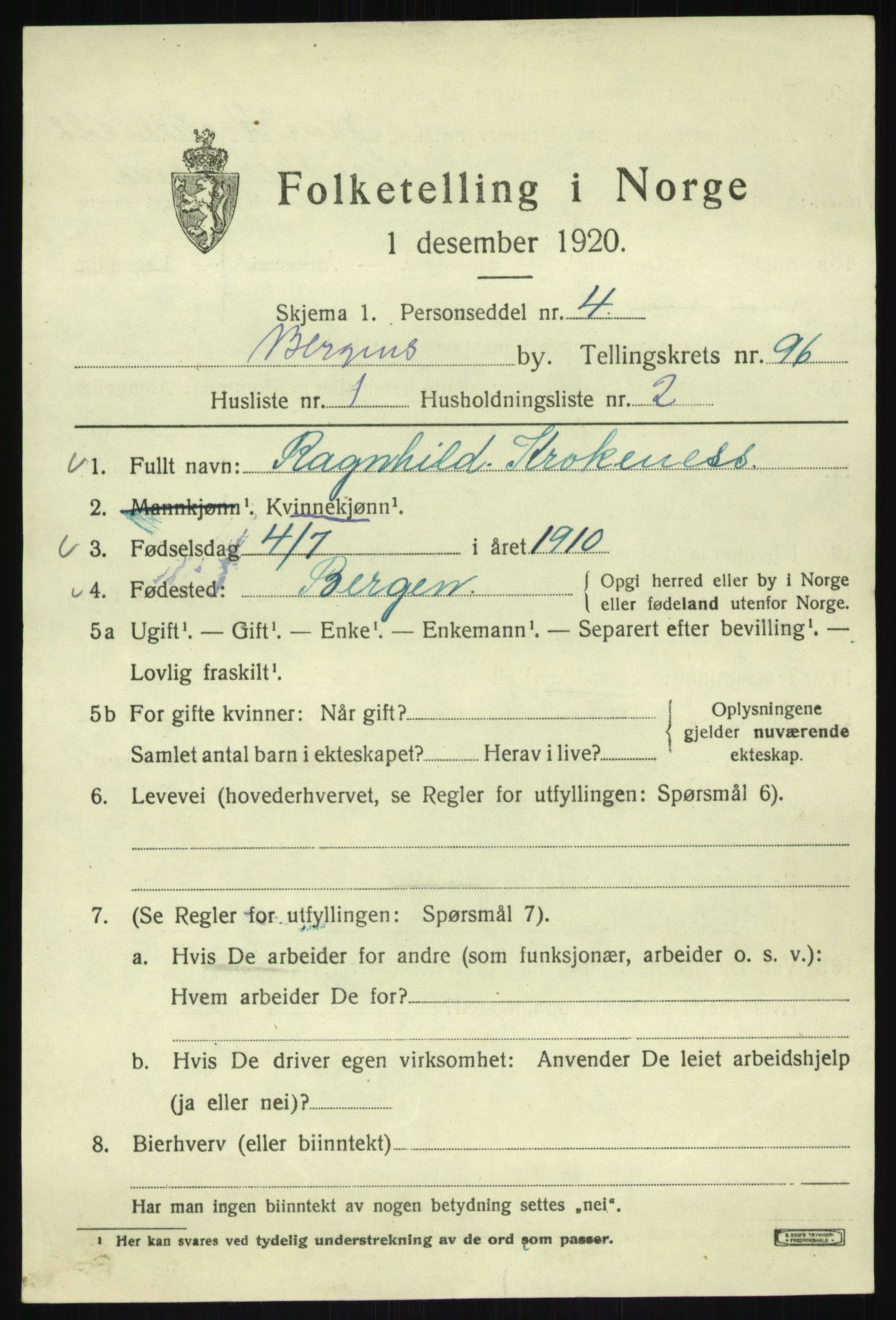 SAB, 1920 census for Bergen, 1920, p. 169898