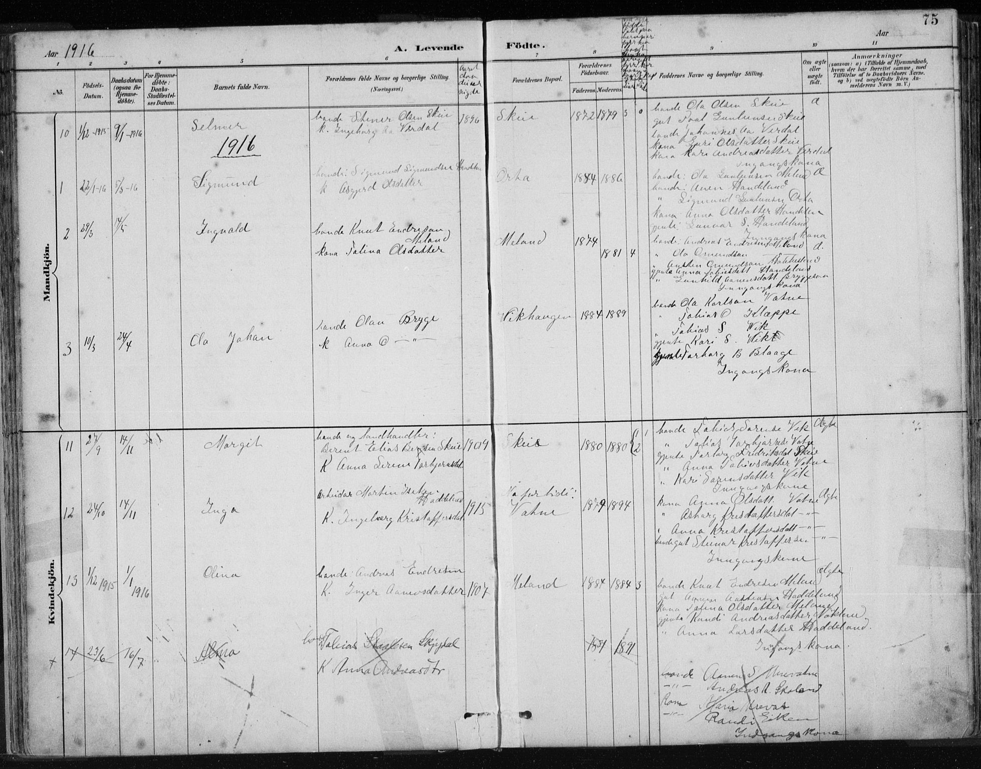 Hægebostad sokneprestkontor, AV/SAK-1111-0024/F/Fb/Fbb/L0003: Parish register (copy) no. B 3, 1887-1937, p. 75