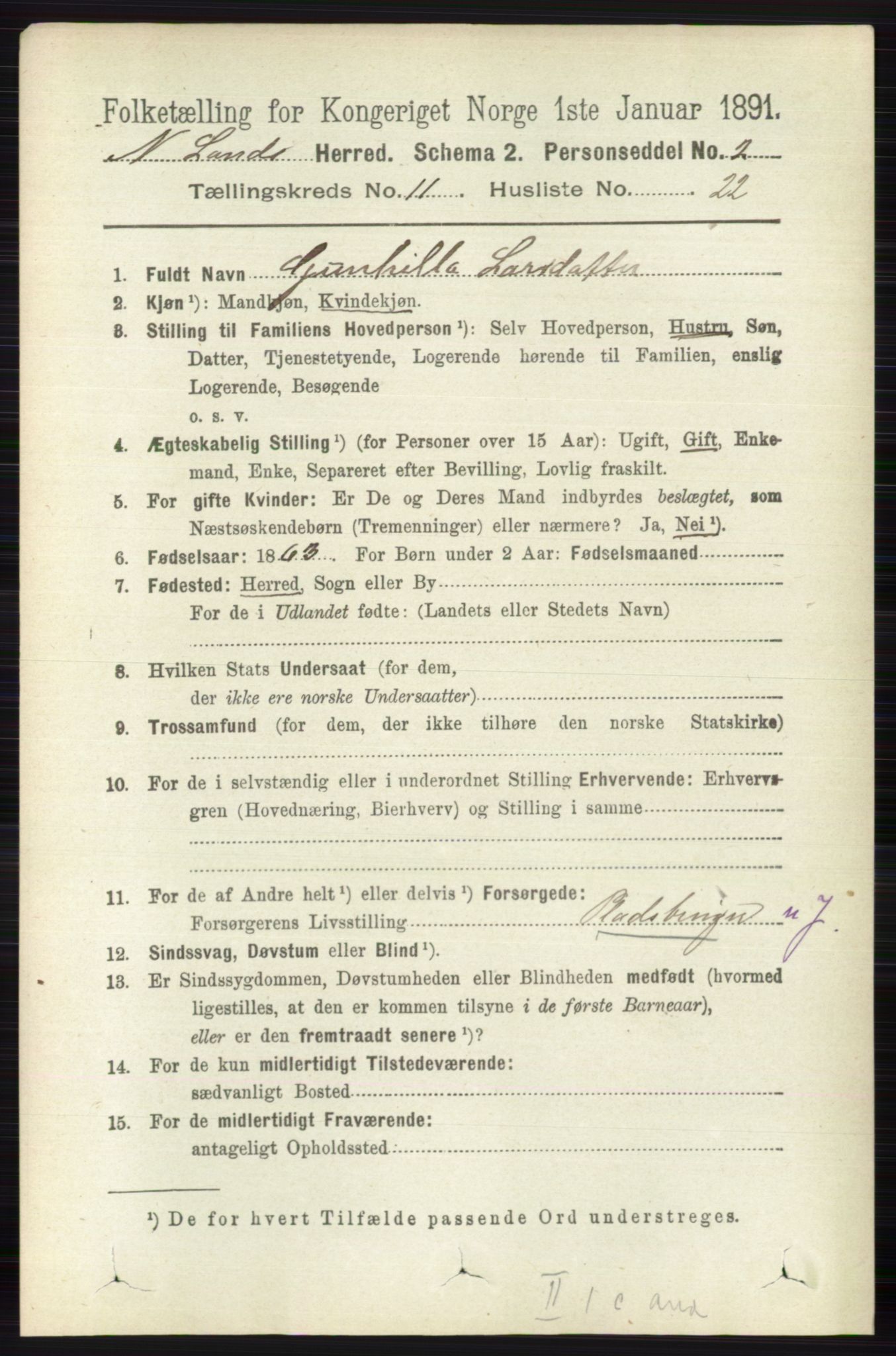 RA, 1891 census for 0538 Nordre Land, 1891, p. 3150