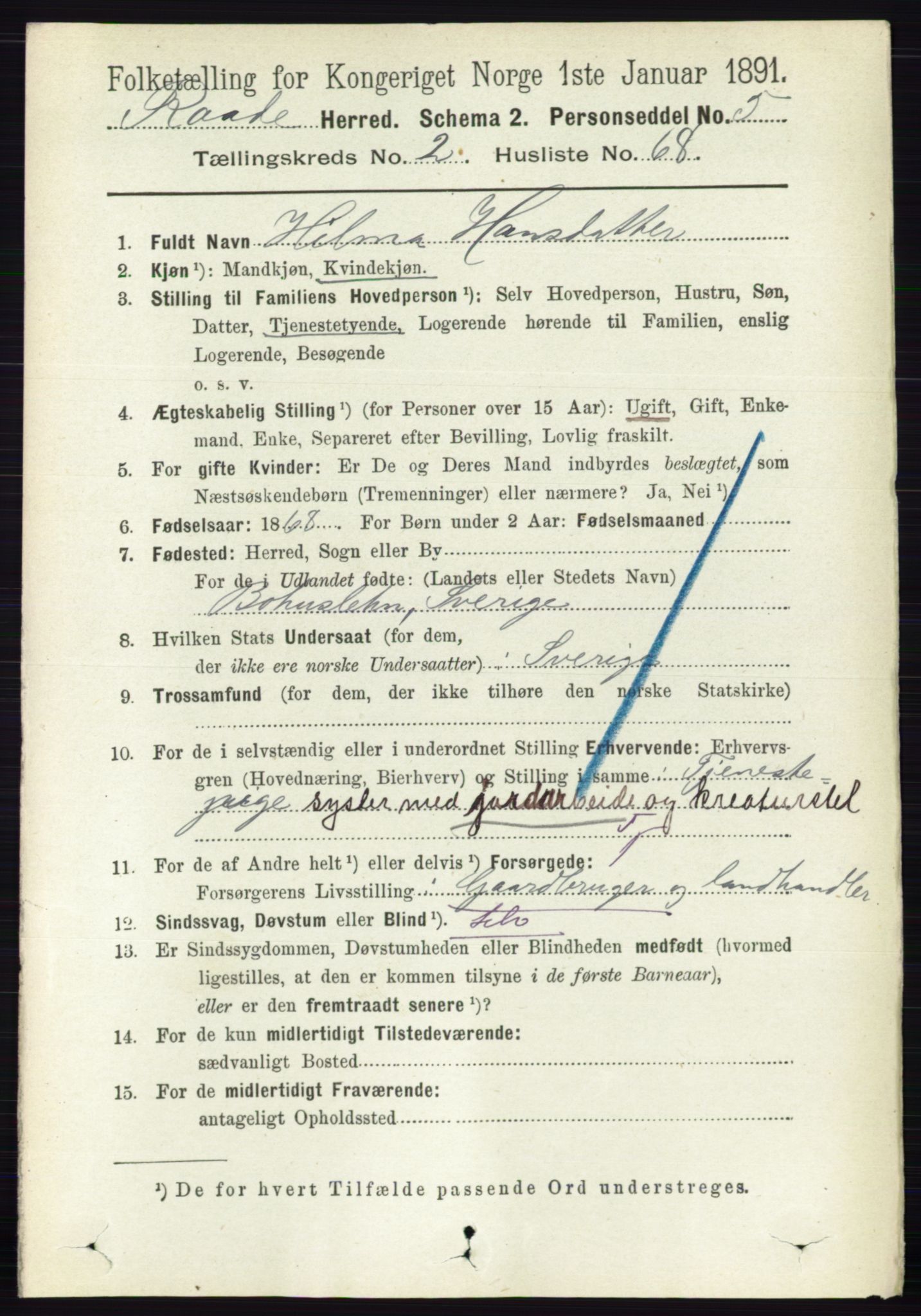 RA, 1891 census for 0135 Råde, 1891, p. 1025