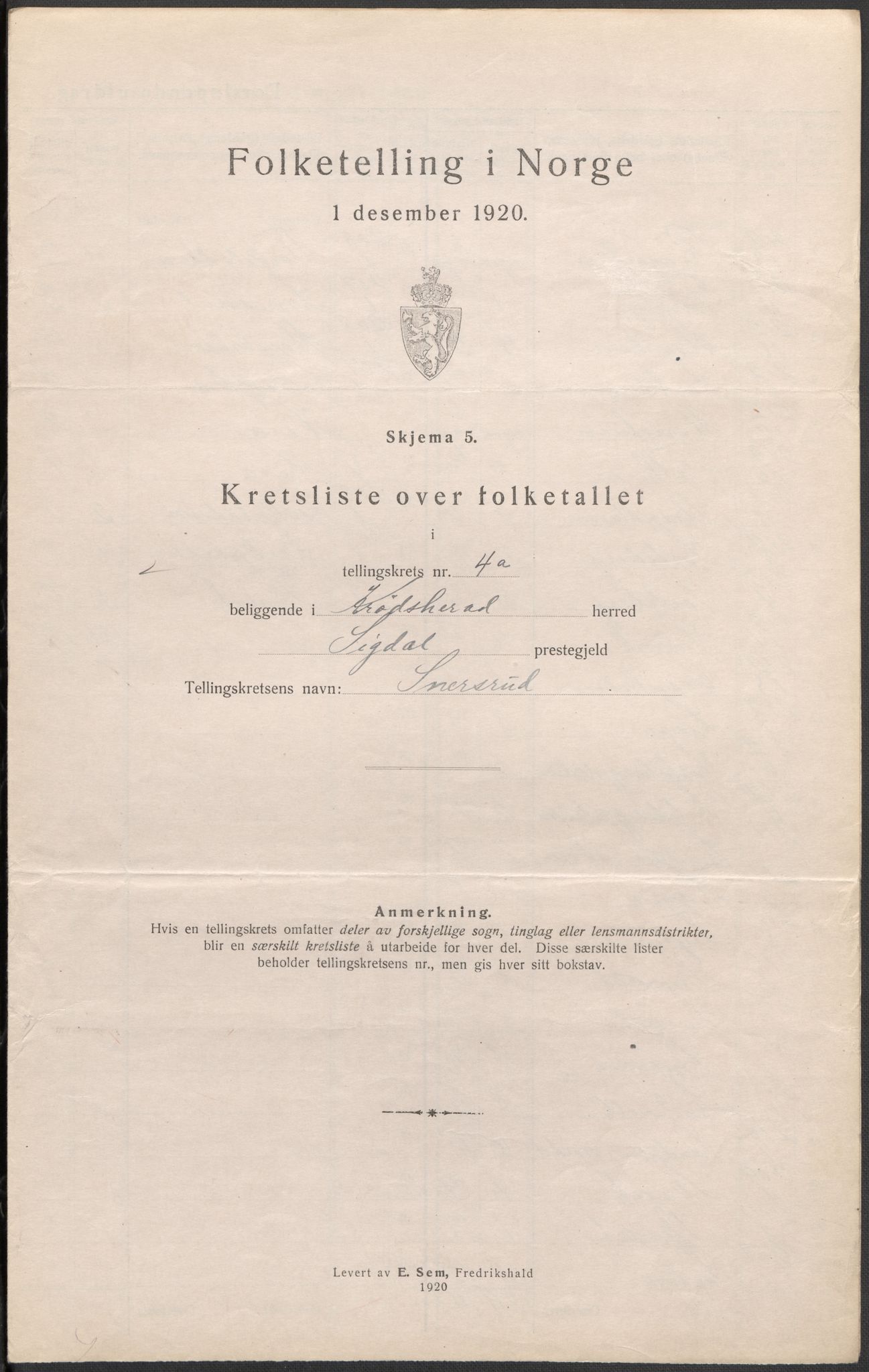 SAKO, 1920 census for Krødsherad, 1920, p. 20