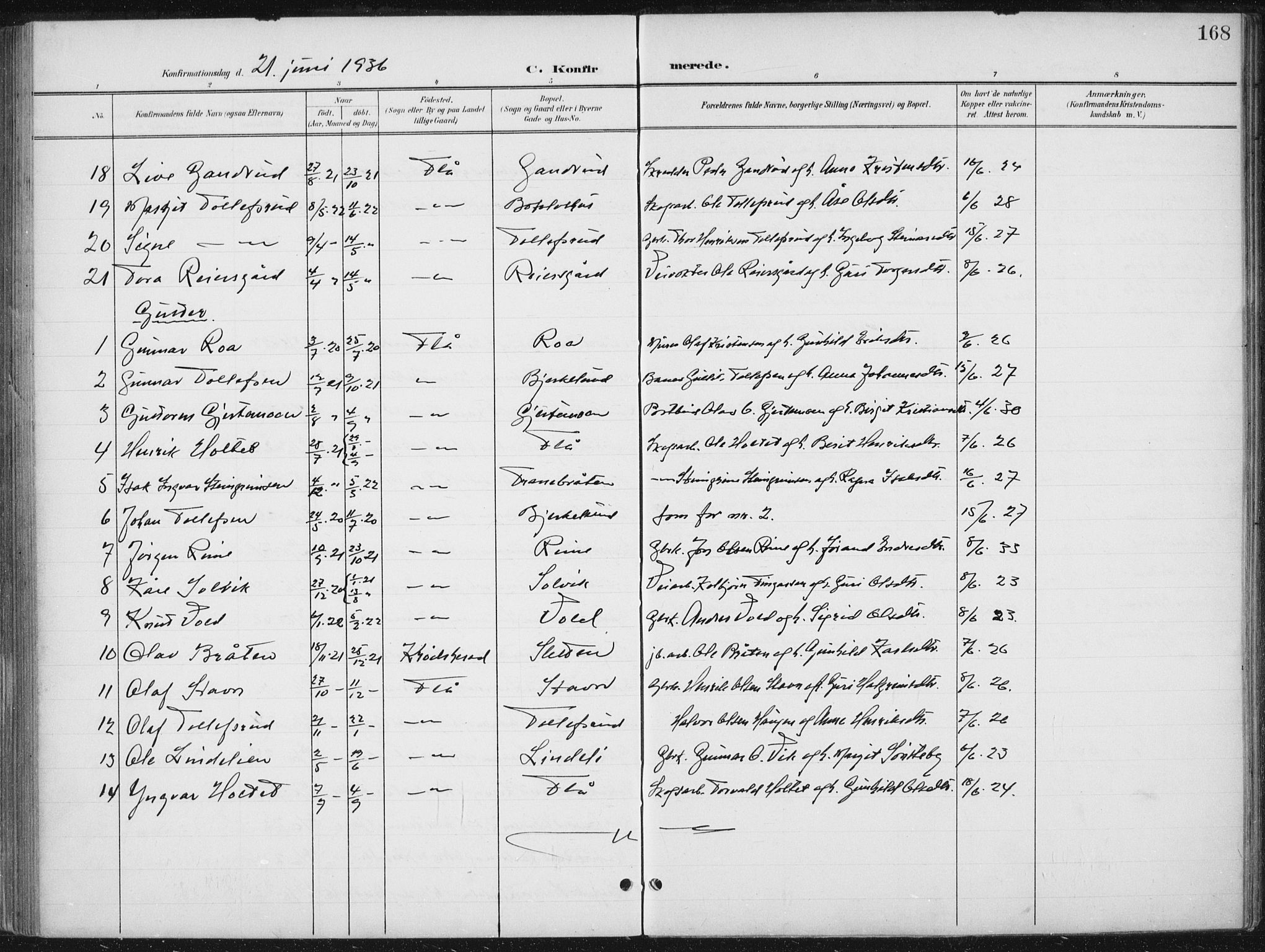 Nes kirkebøker, AV/SAKO-A-236/G/Gb/L0001: Parish register (copy) no. II 1, 1901-1939, p. 168