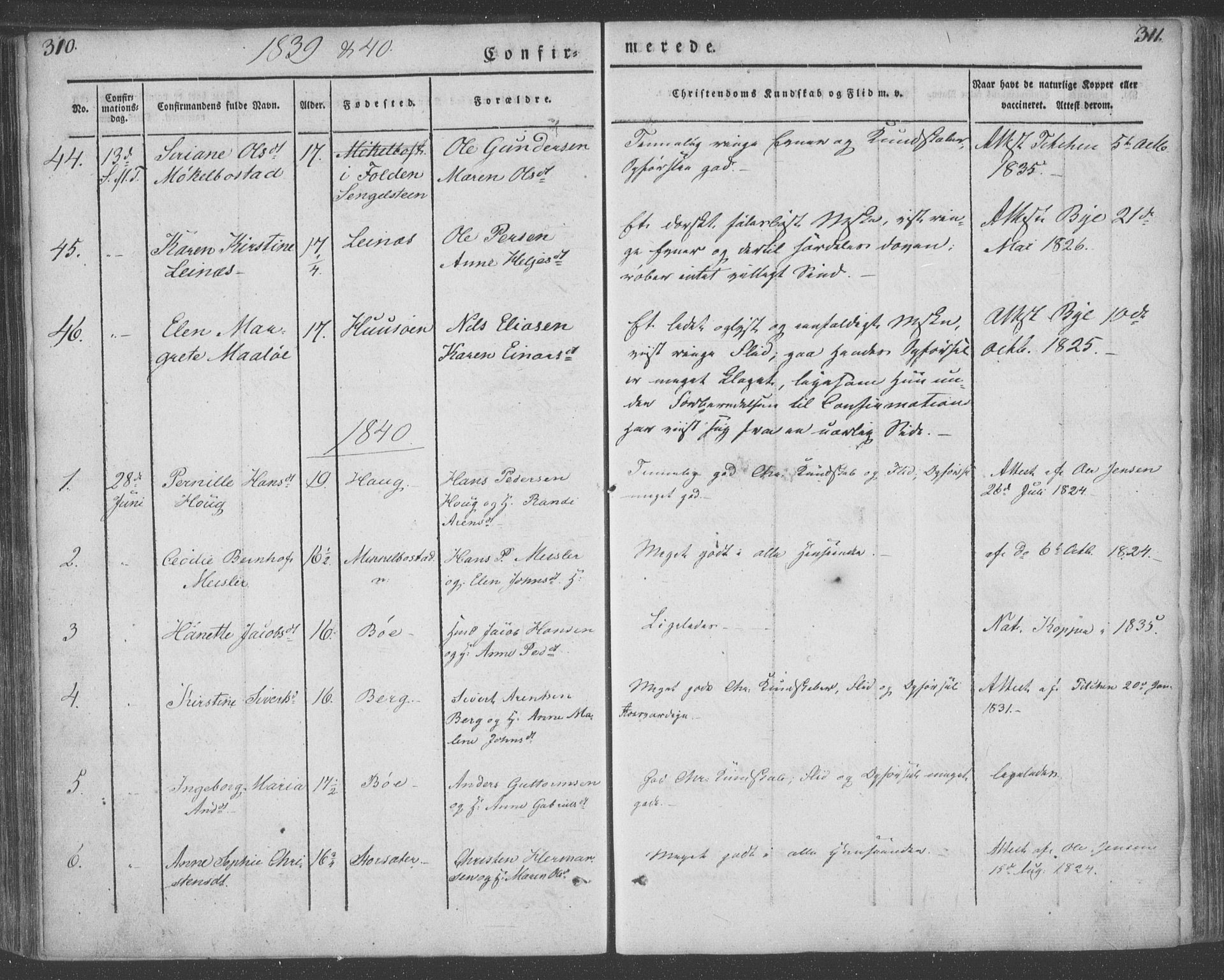 Ministerialprotokoller, klokkerbøker og fødselsregistre - Nordland, AV/SAT-A-1459/855/L0799: Parish register (official) no. 855A07, 1834-1852, p. 310-311