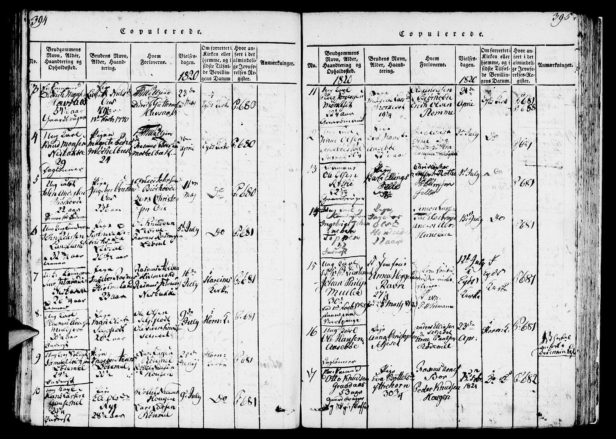 Eid sokneprestembete, AV/SAB-A-82301/H/Haa/Haaa/L0005: Parish register (official) no. A 5, 1816-1830, p. 394-395