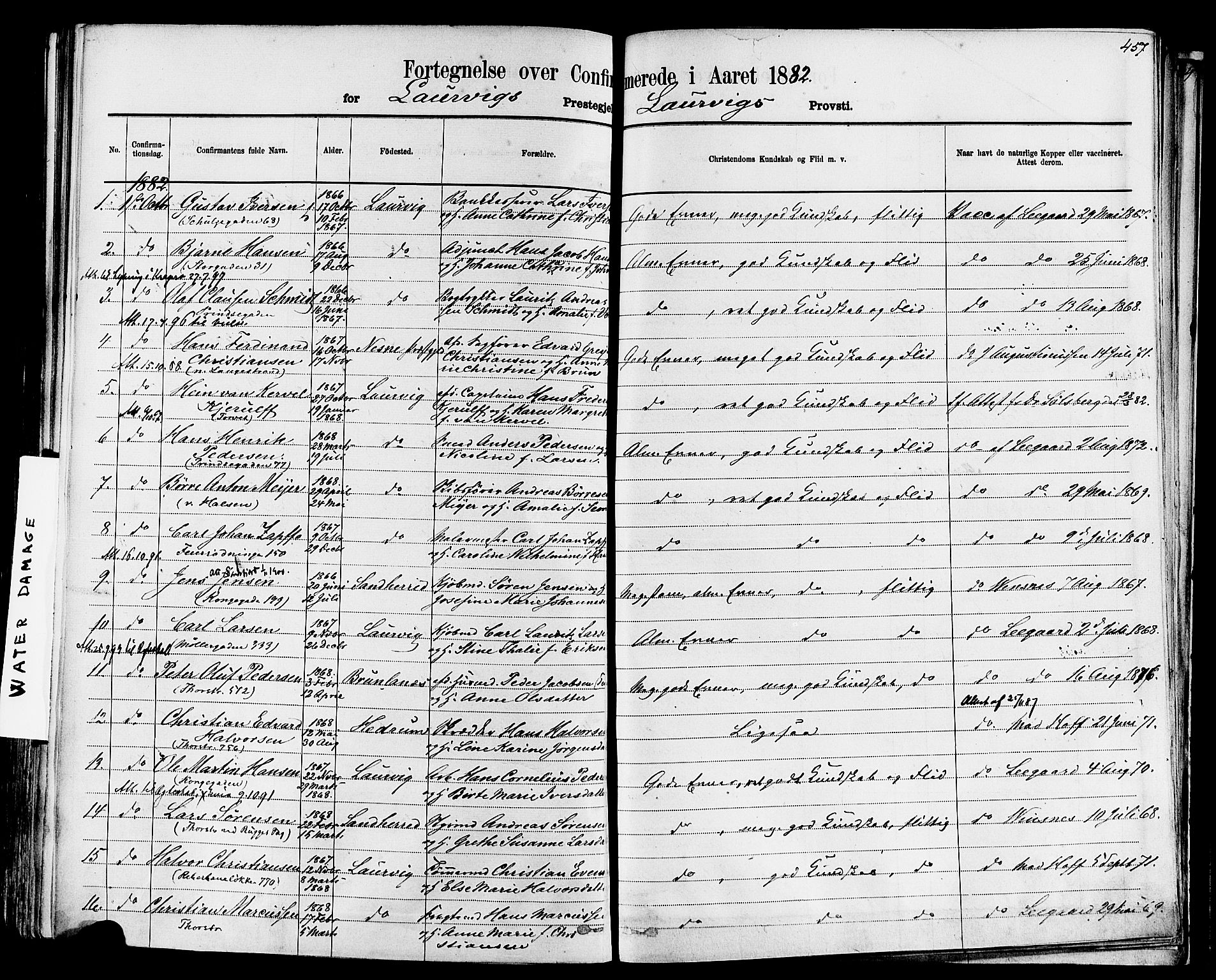 Larvik kirkebøker, AV/SAKO-A-352/F/Fa/L0006: Parish register (official) no. I 6, 1871-1883, p. 457