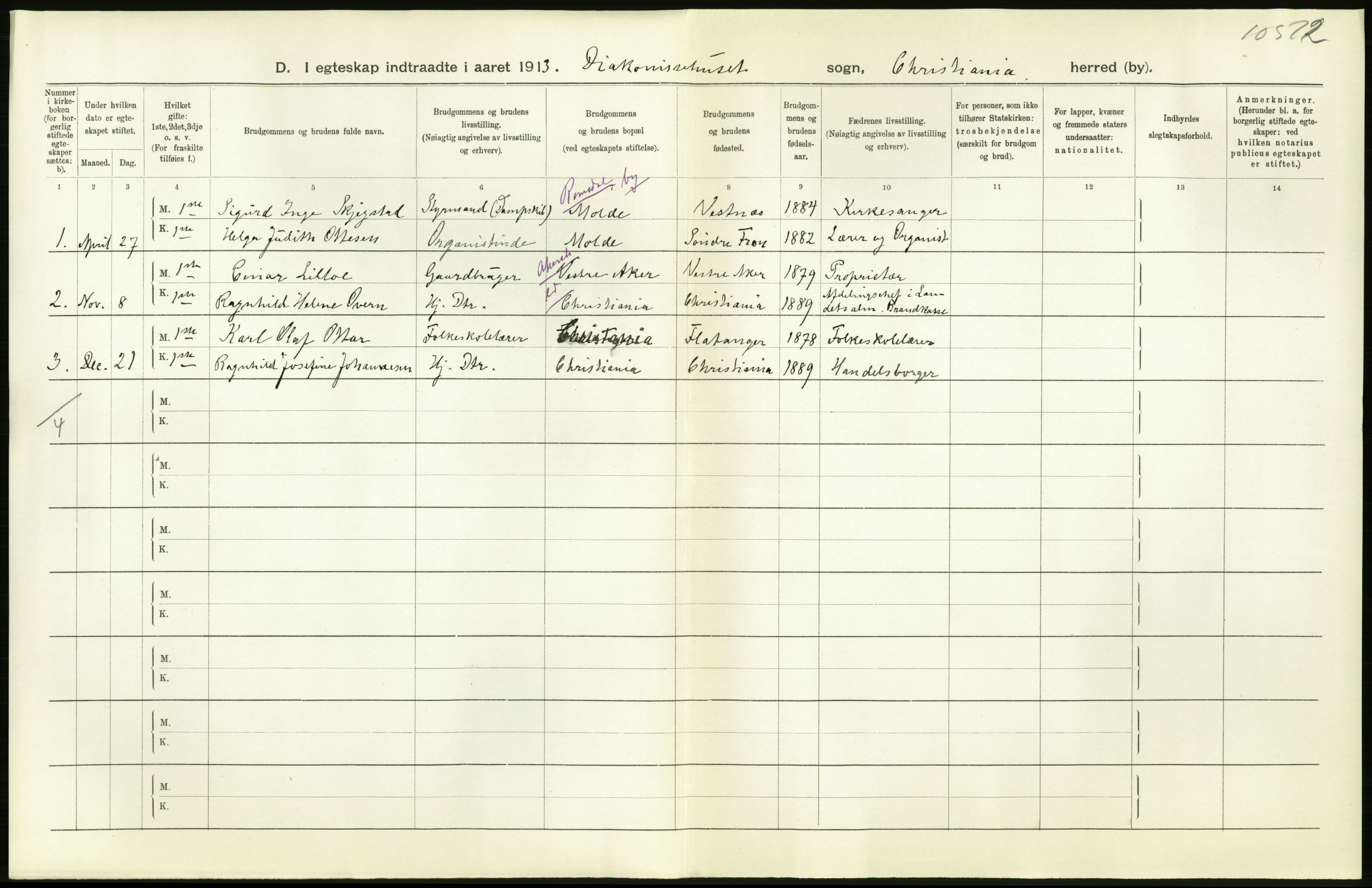 Statistisk sentralbyrå, Sosiodemografiske emner, Befolkning, AV/RA-S-2228/D/Df/Dfb/Dfbc/L0008: Kristiania: Gifte., 1913, p. 190