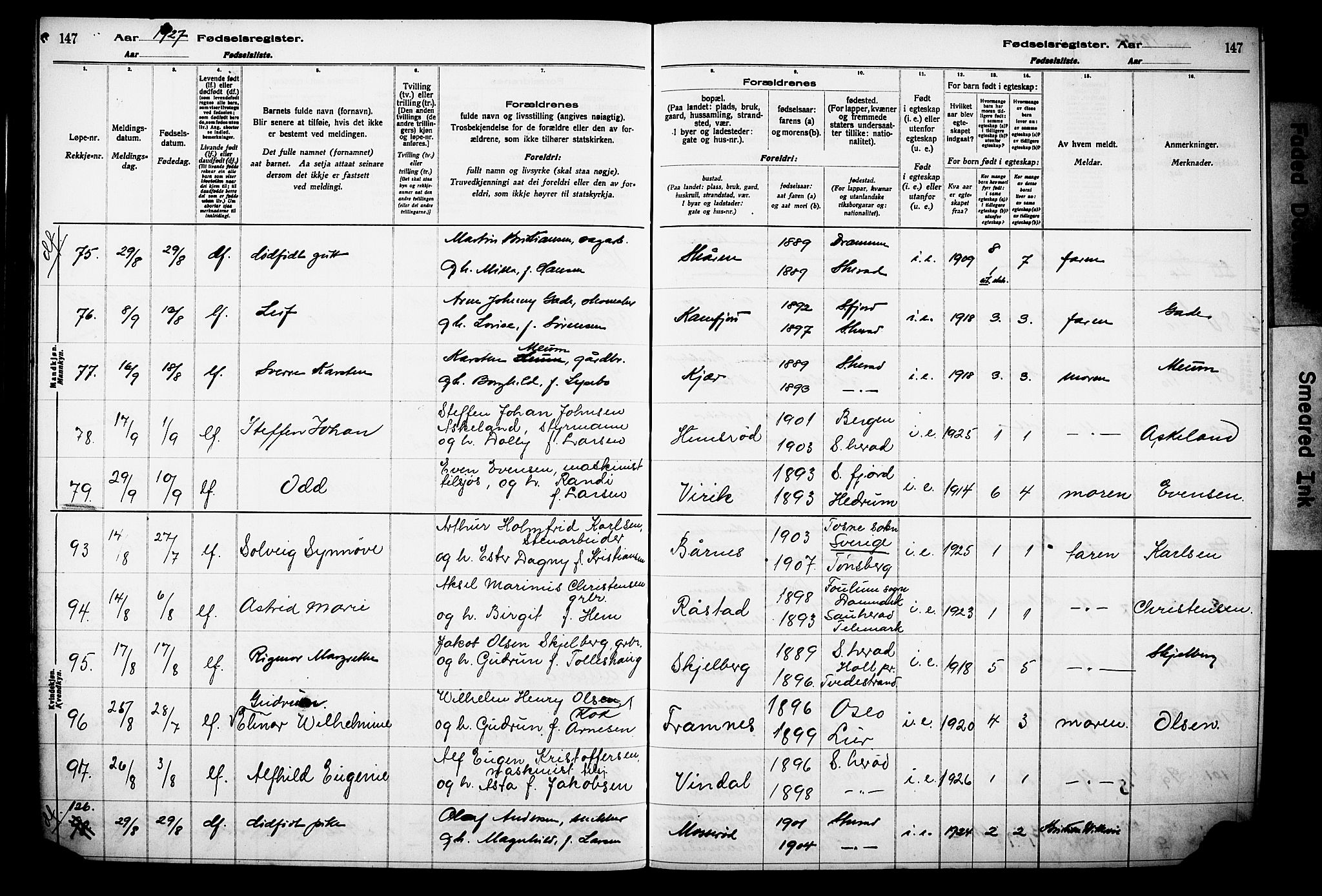 Sandar kirkebøker, AV/SAKO-A-243/J/Ja/L0002: Birth register no. 2, 1922-1929, p. 147