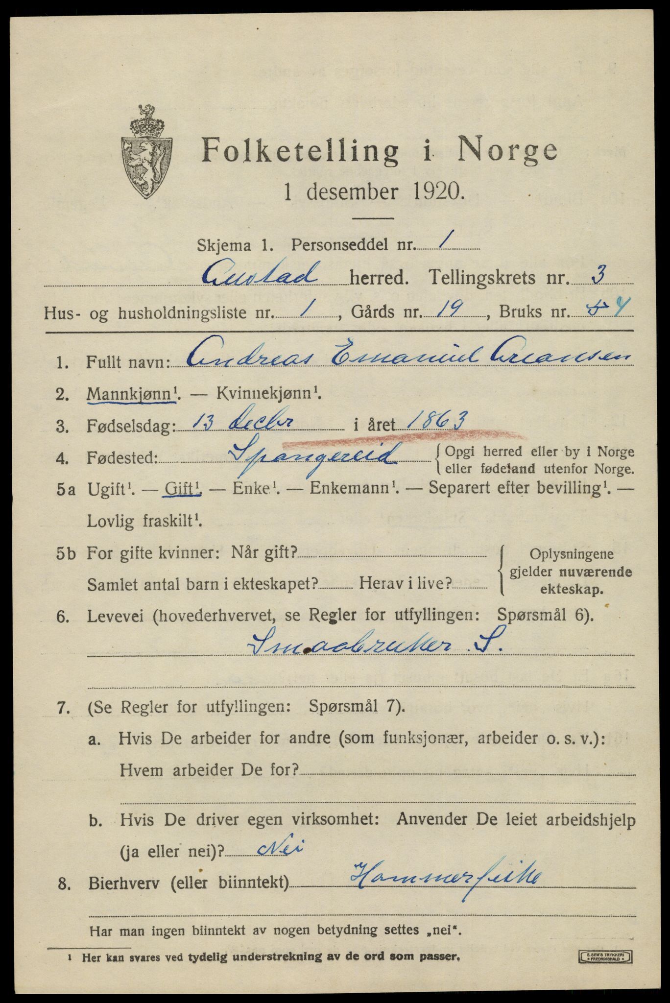 SAK, 1920 census for Austad, 1920, p. 1031