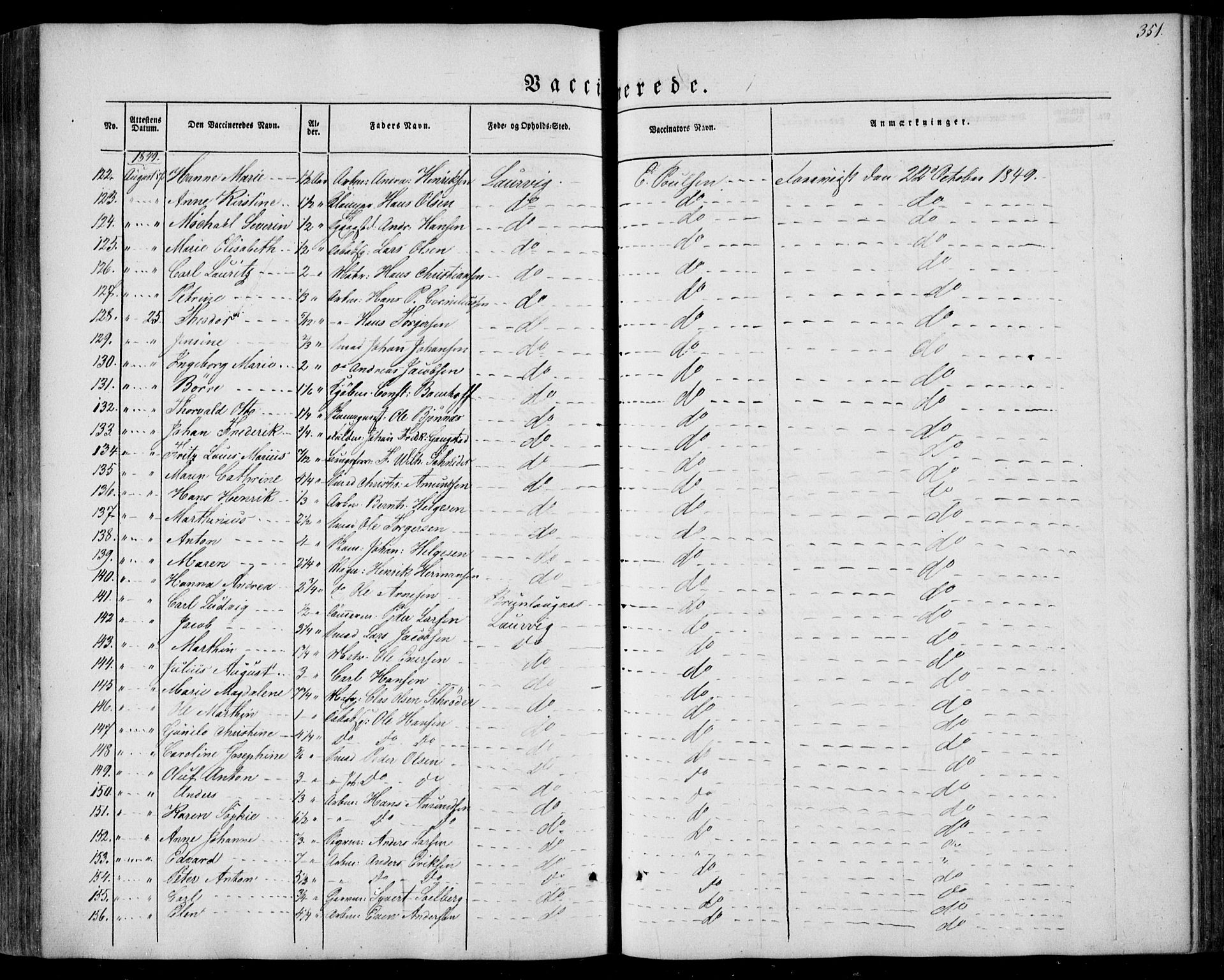 Larvik kirkebøker, AV/SAKO-A-352/F/Fa/L0003: Parish register (official) no. I 3, 1848-1856, p. 351