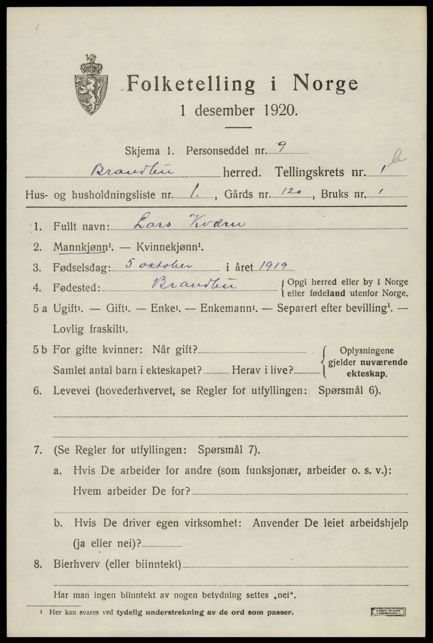 SAH, 1920 census for Brandbu, 1920, p. 3085