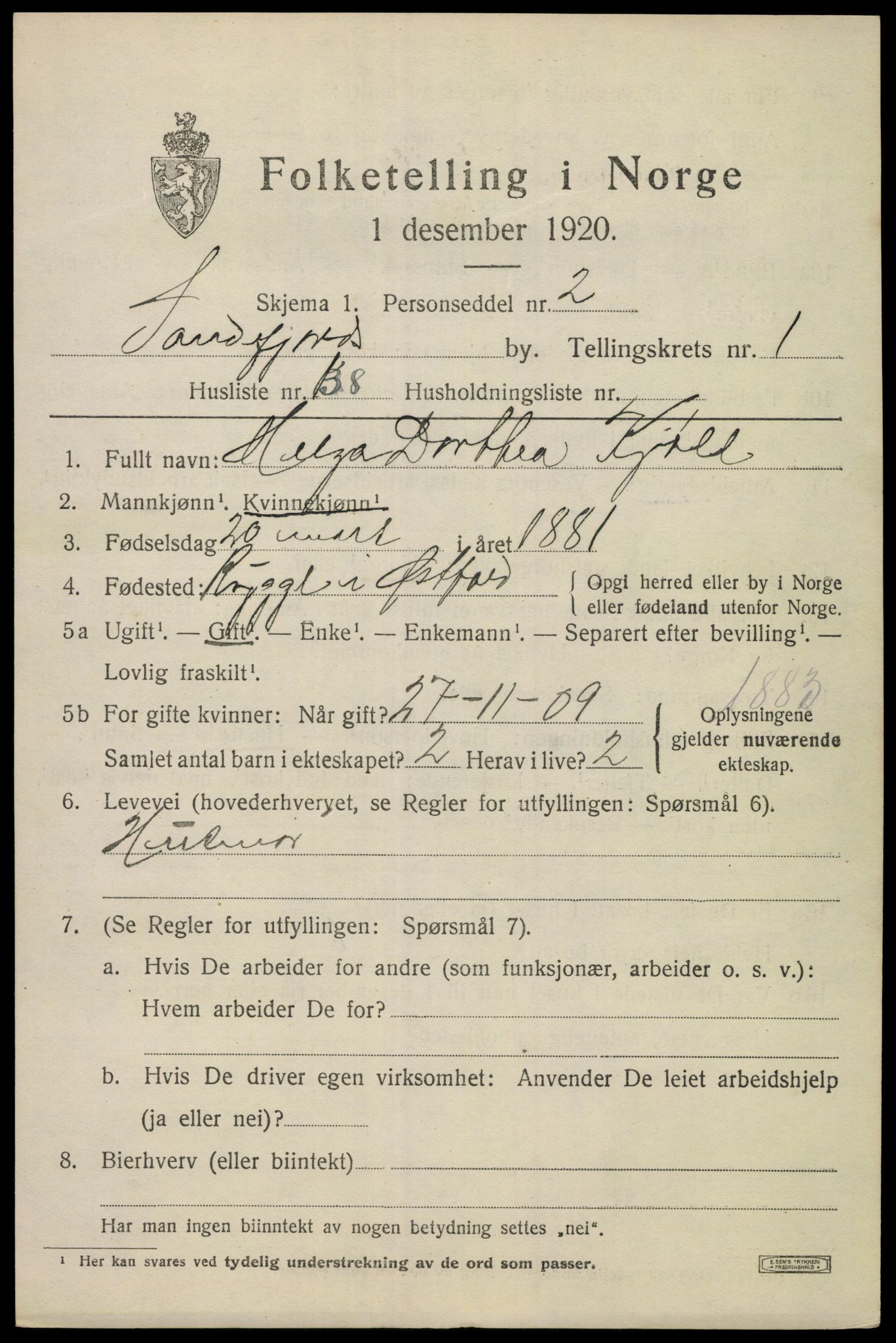 SAKO, 1920 census for Sandefjord, 1920, p. 4654