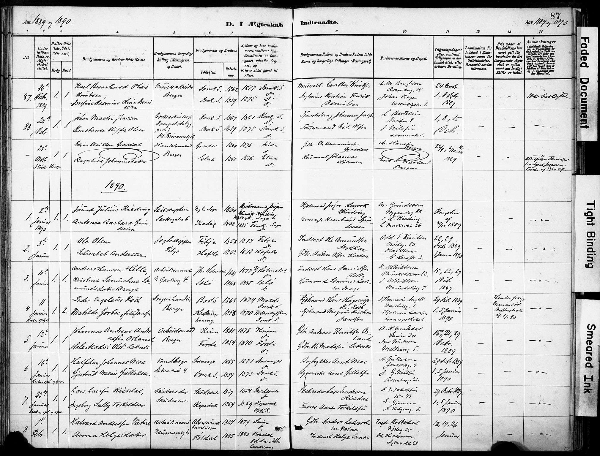 Domkirken sokneprestembete, AV/SAB-A-74801/H/Haa/L0037: Parish register (official) no. D 4, 1880-1907, p. 87