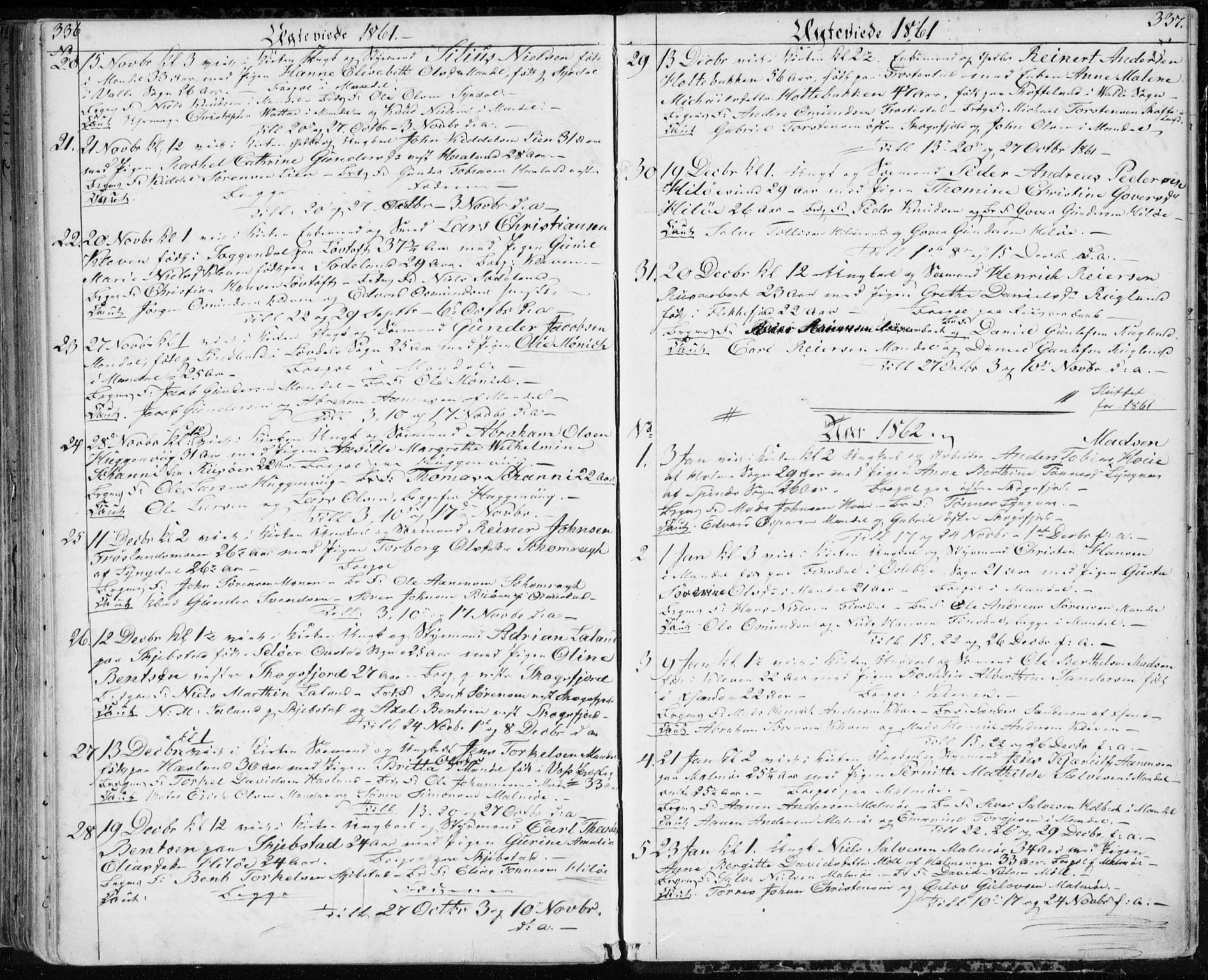 Mandal sokneprestkontor, SAK/1111-0030/F/Fb/Fba/L0008: Parish register (copy) no. B 2, 1854-1868, p. 336-337