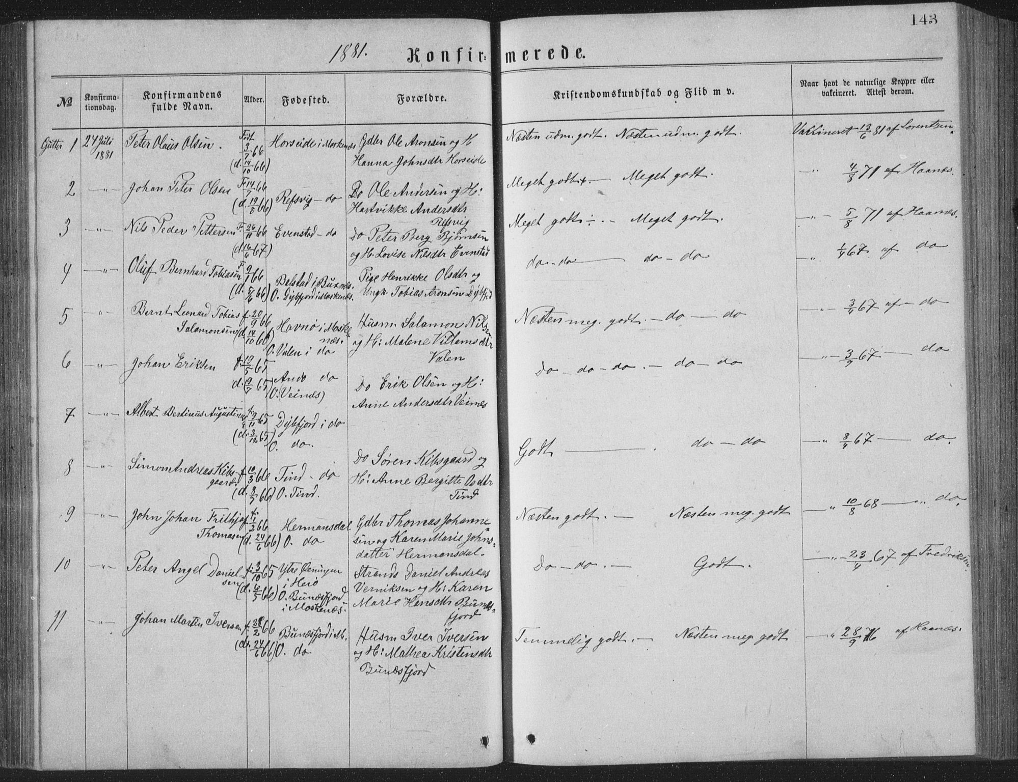 Ministerialprotokoller, klokkerbøker og fødselsregistre - Nordland, AV/SAT-A-1459/886/L1225: Parish register (copy) no. 886C02, 1874-1896, p. 143