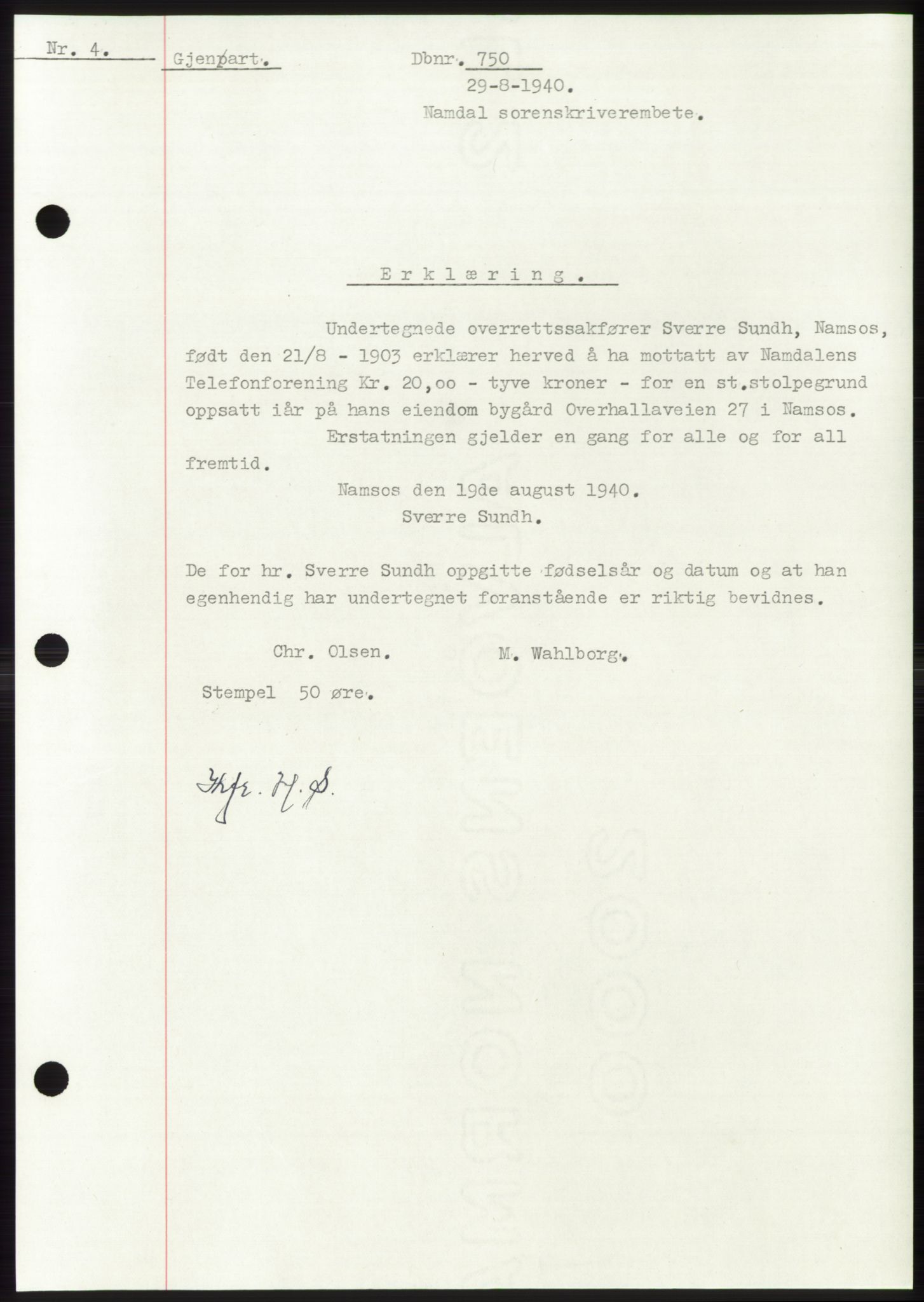Namdal sorenskriveri, SAT/A-4133/1/2/2C: Mortgage book no. -, 1940-1941, Deed date: 29.08.1940