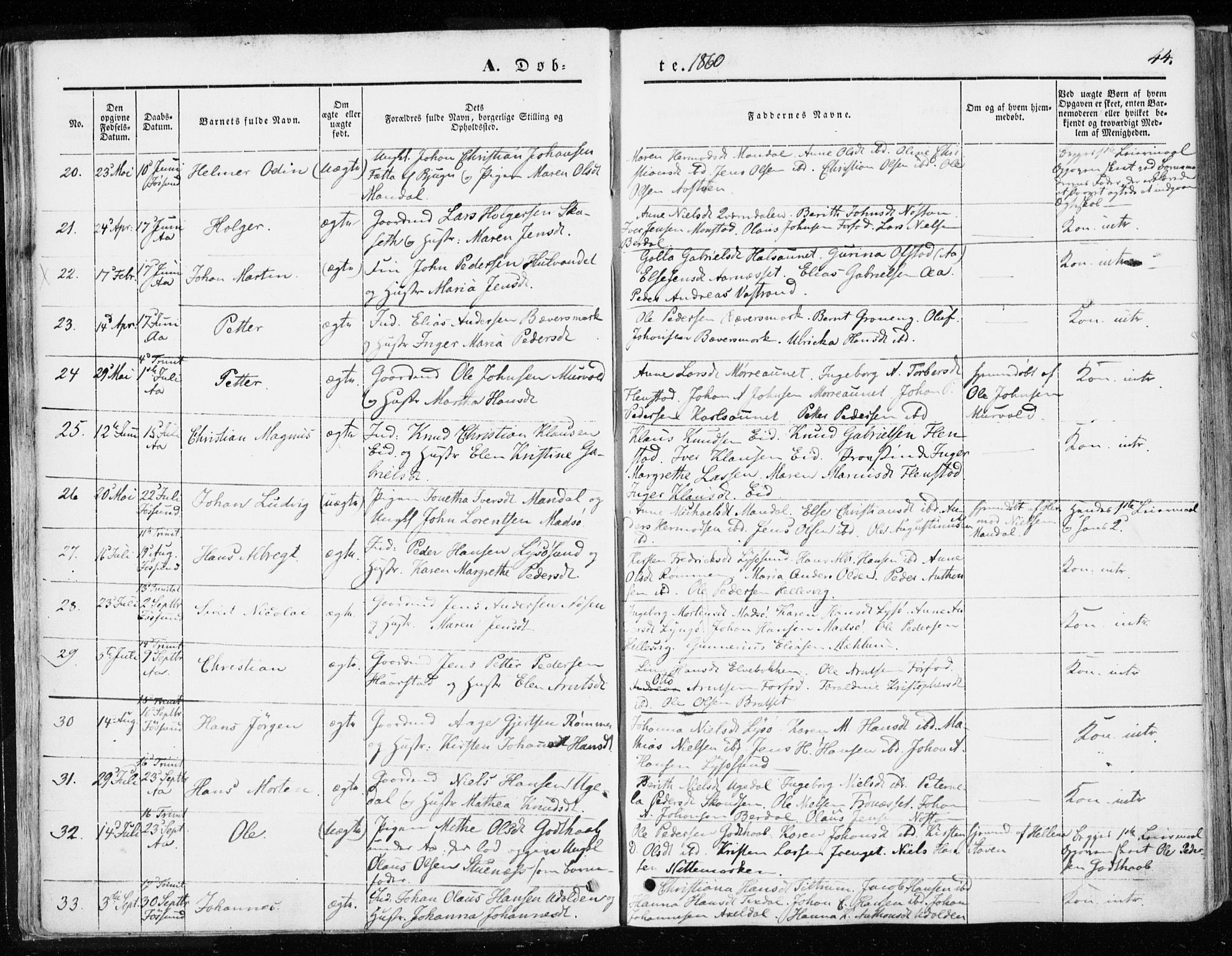Ministerialprotokoller, klokkerbøker og fødselsregistre - Sør-Trøndelag, SAT/A-1456/655/L0677: Parish register (official) no. 655A06, 1847-1860, p. 44