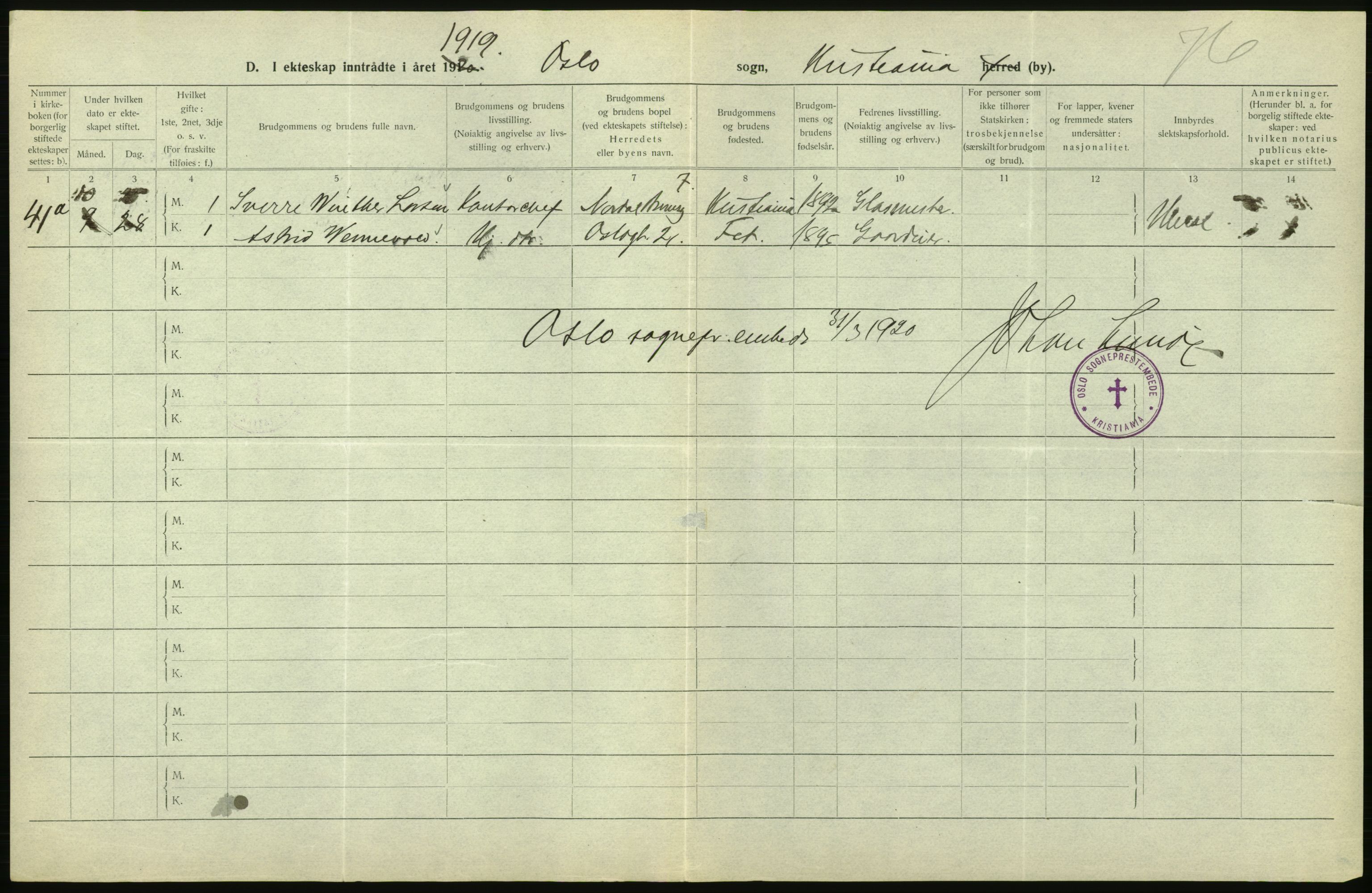 Statistisk sentralbyrå, Sosiodemografiske emner, Befolkning, AV/RA-S-2228/D/Df/Dfb/Dfbi/L0009: Kristiania: Gifte, 1919, p. 496