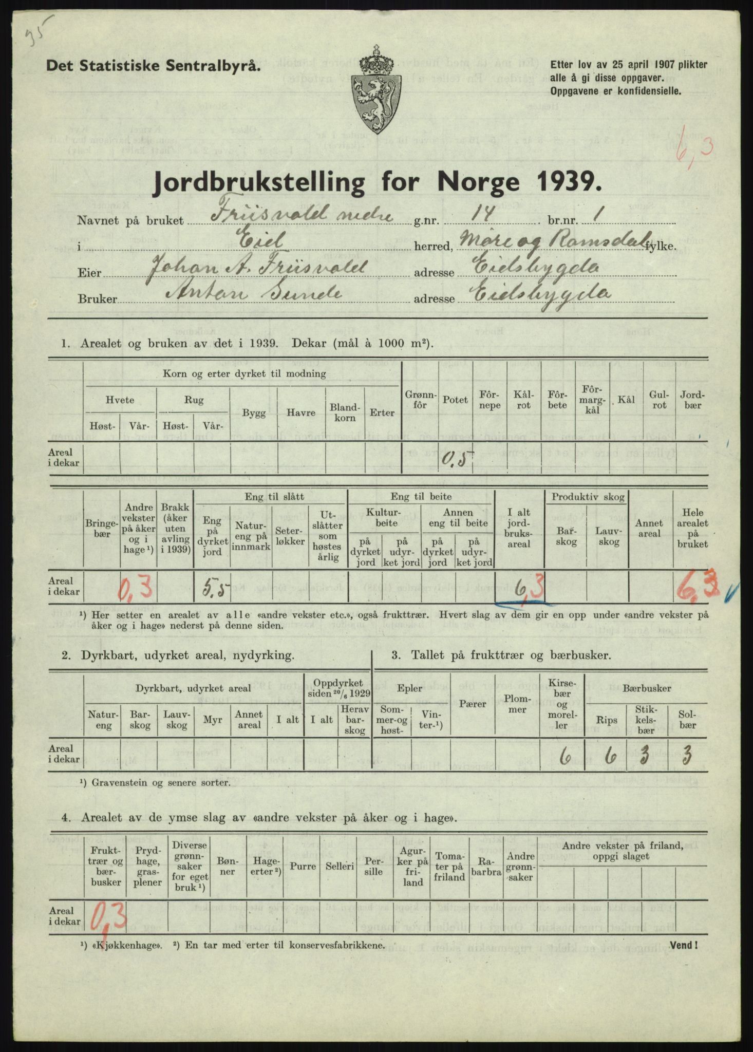 Statistisk sentralbyrå, Næringsøkonomiske emner, Jordbruk, skogbruk, jakt, fiske og fangst, AV/RA-S-2234/G/Gb/L0251: Møre og Romsdal: Voll, Eid, Grytten og Hen, 1939, p. 371