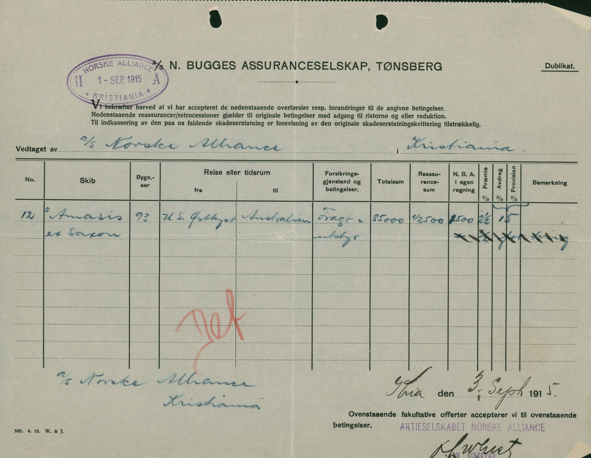 Pa 664 - Tønsberg Sjøforsikringsselskap, VEMU/A-1773/F/L0001: Forsikringspoliser, 1915-1918