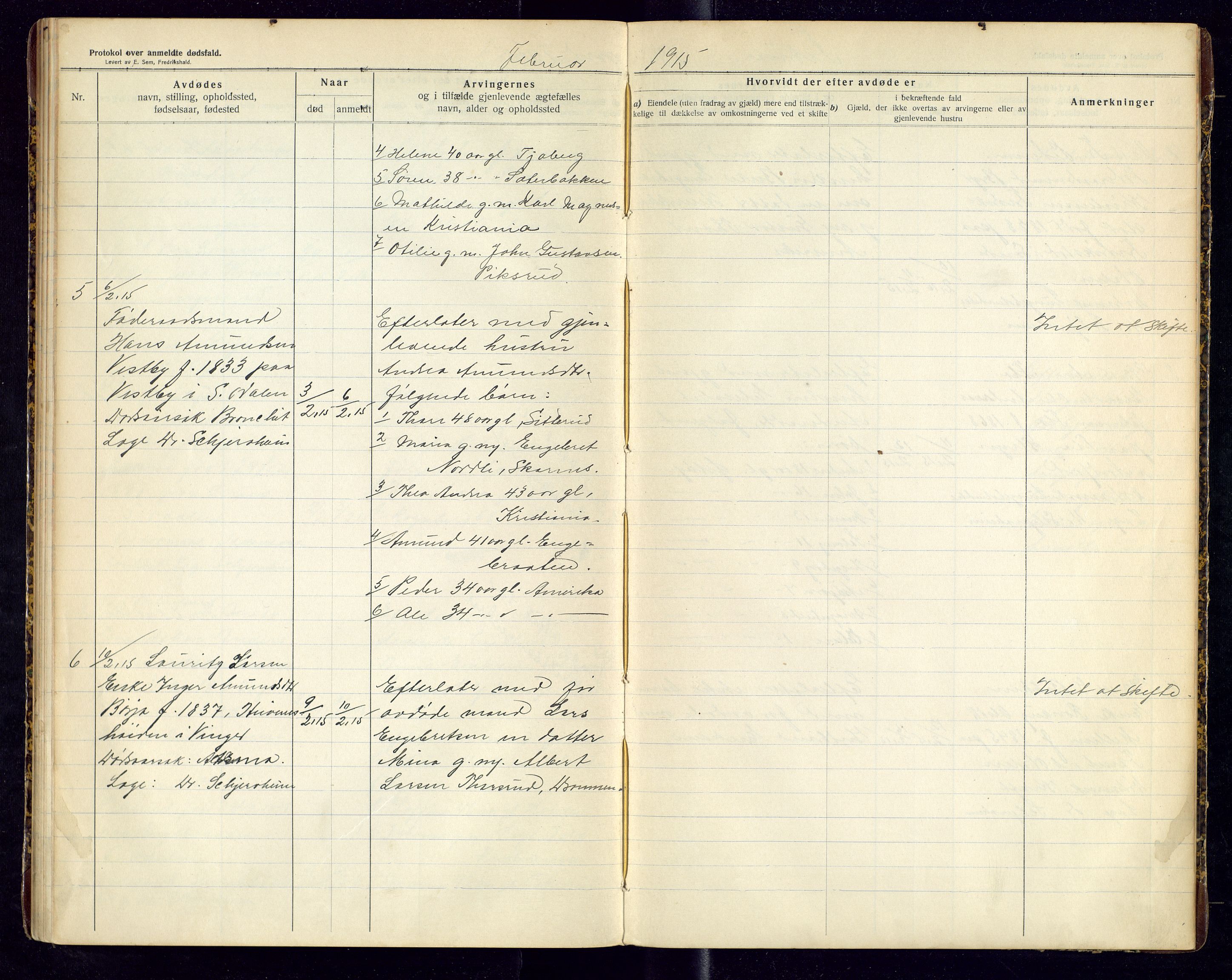 Sør-Odal lensmannskontor, AV/SAH-LHS-022/H/Hb/L0002/0001: Protokoller over anmeldte dødsfall / Protokoll over anmeldte dødsfall, 1913-1915