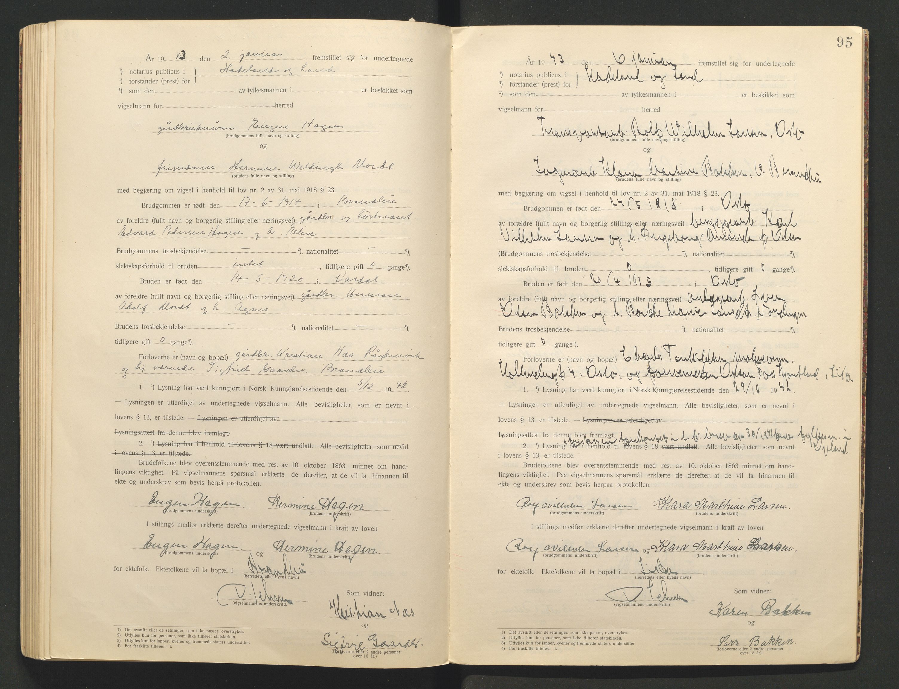 Hadeland og Land tingrett, AV/SAH-TING-010/L/Lb/L0001: Vigselbok, 1920-1943, p. 95